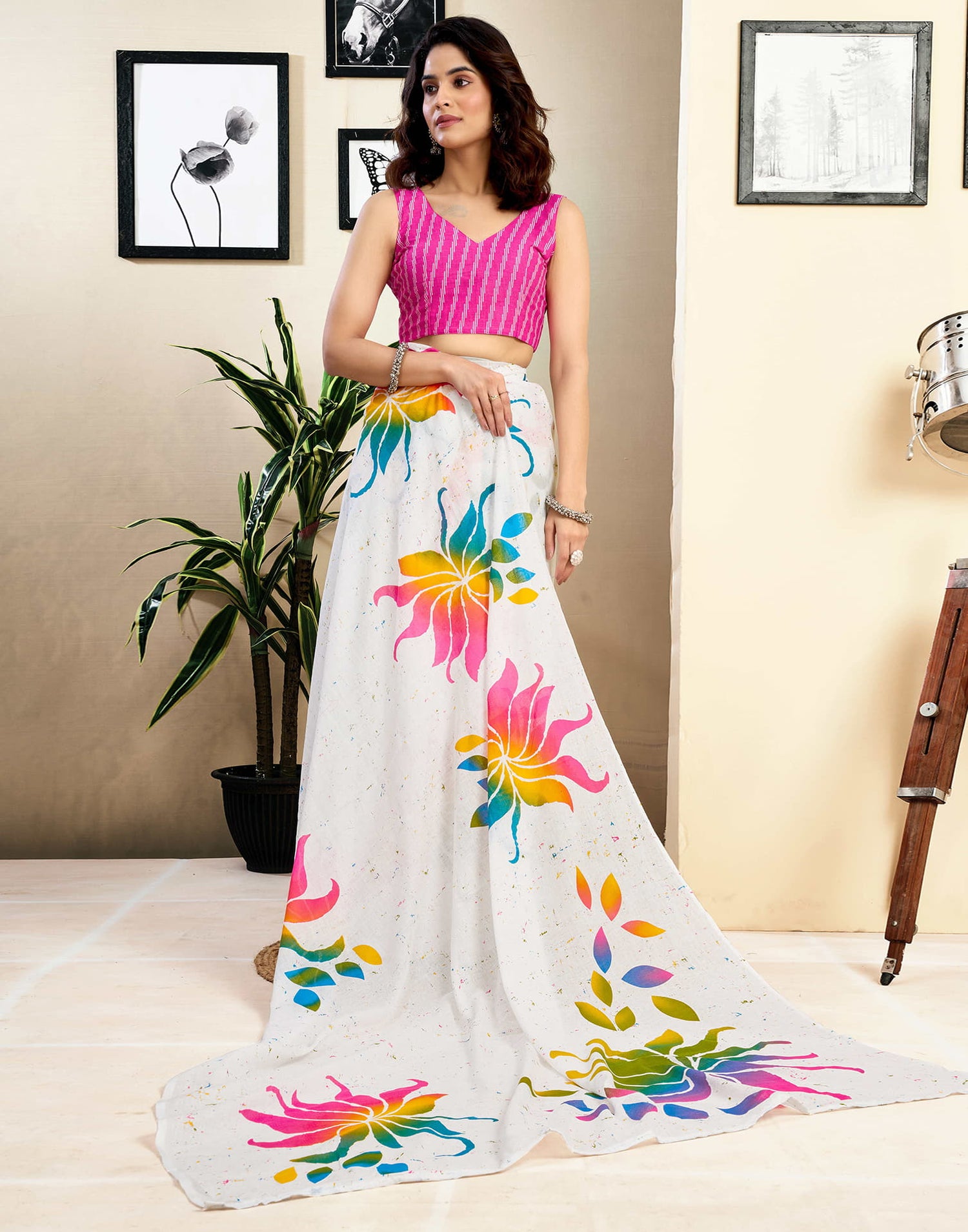 Ready To Wear White Pure Cotton Floral Printed Saree With Pocket