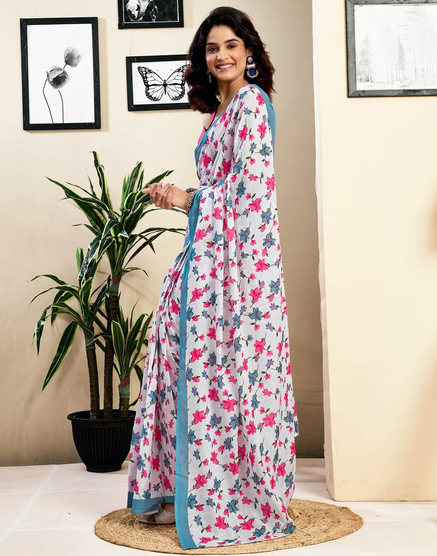 Ready To Wear White Pure Cotton Floral Printed Saree With Pocket