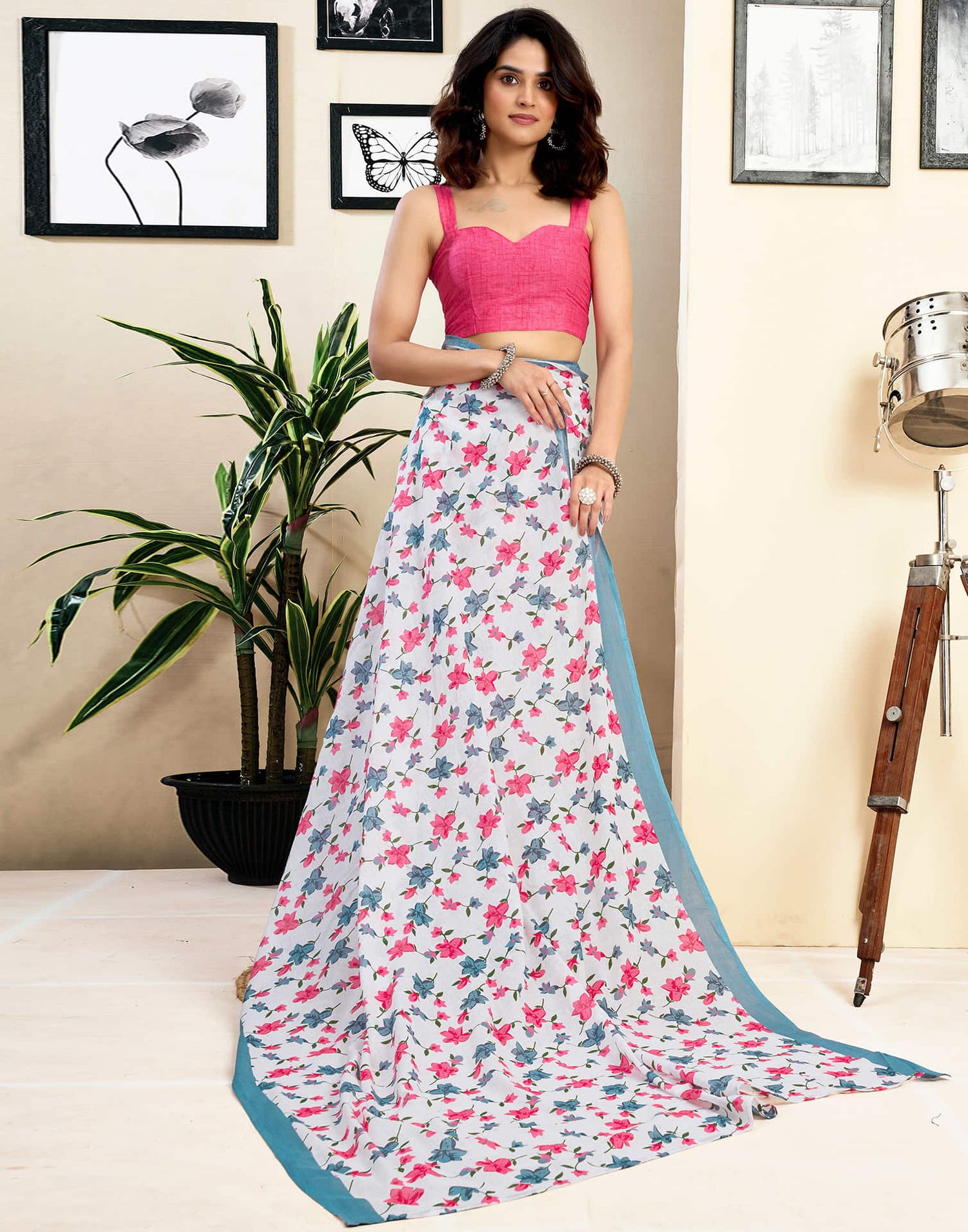 Ready To Wear White Pure Cotton Floral Printed Saree With Pocket