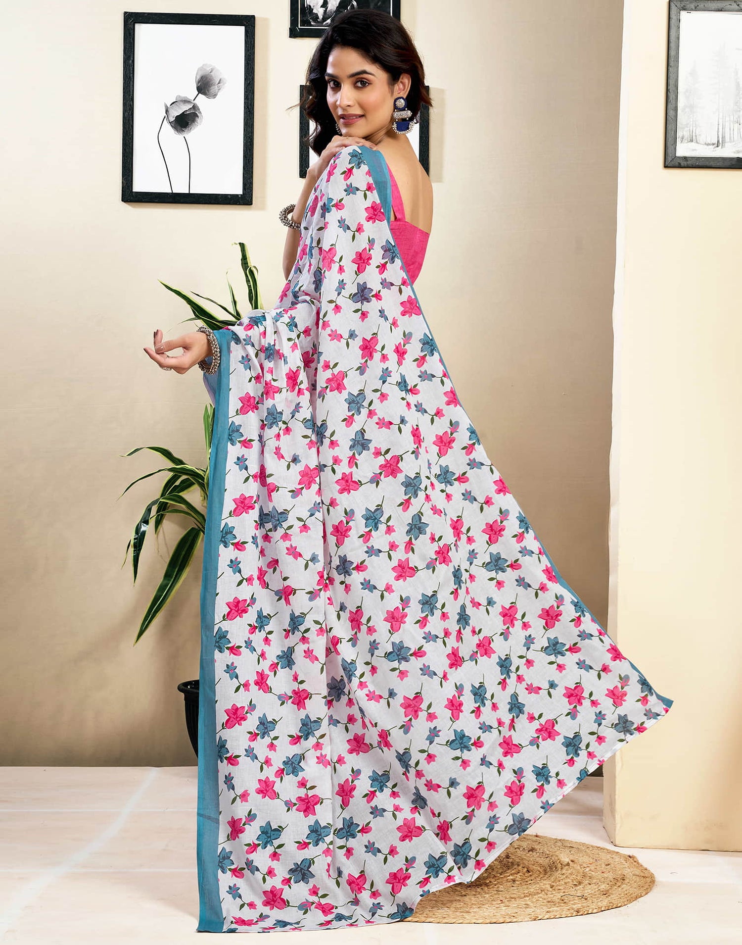 Ready To Wear White Pure Cotton Floral Printed Saree With Pocket