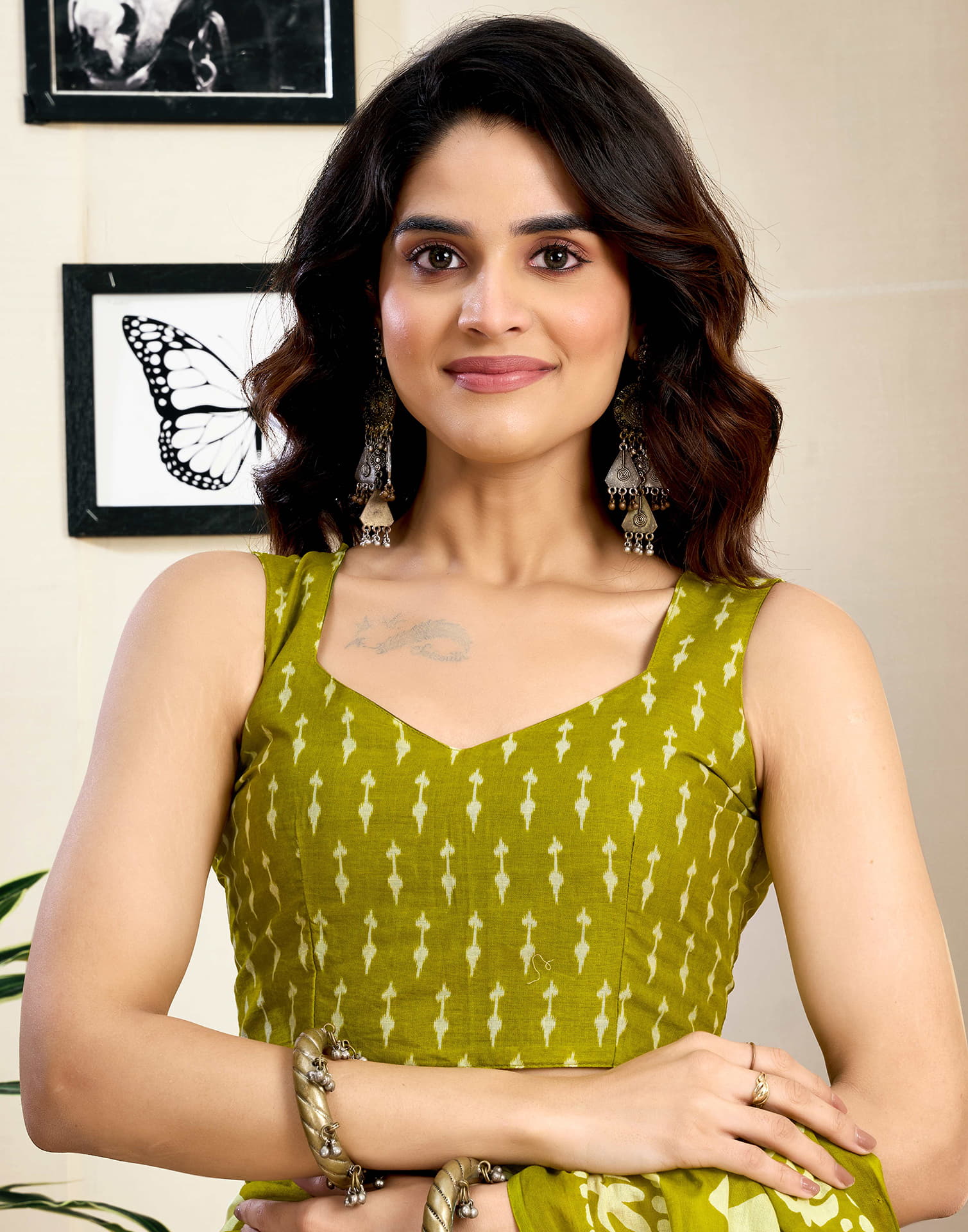 Ready To Wear Green Pure Cotton Geometric Printed Saree With Pocket