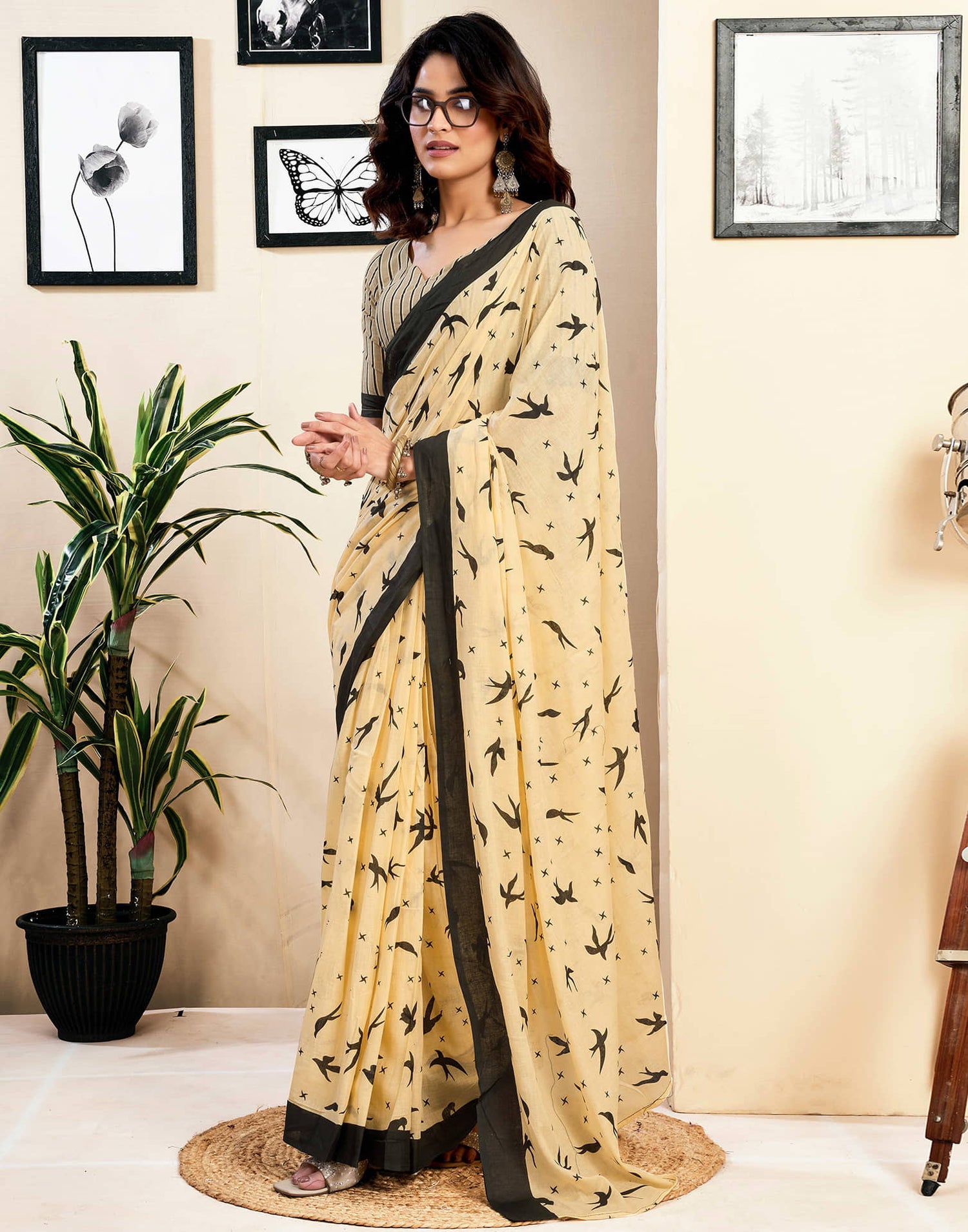 Ready To Wear Cream Pure Cotton Printed Saree With Pocket