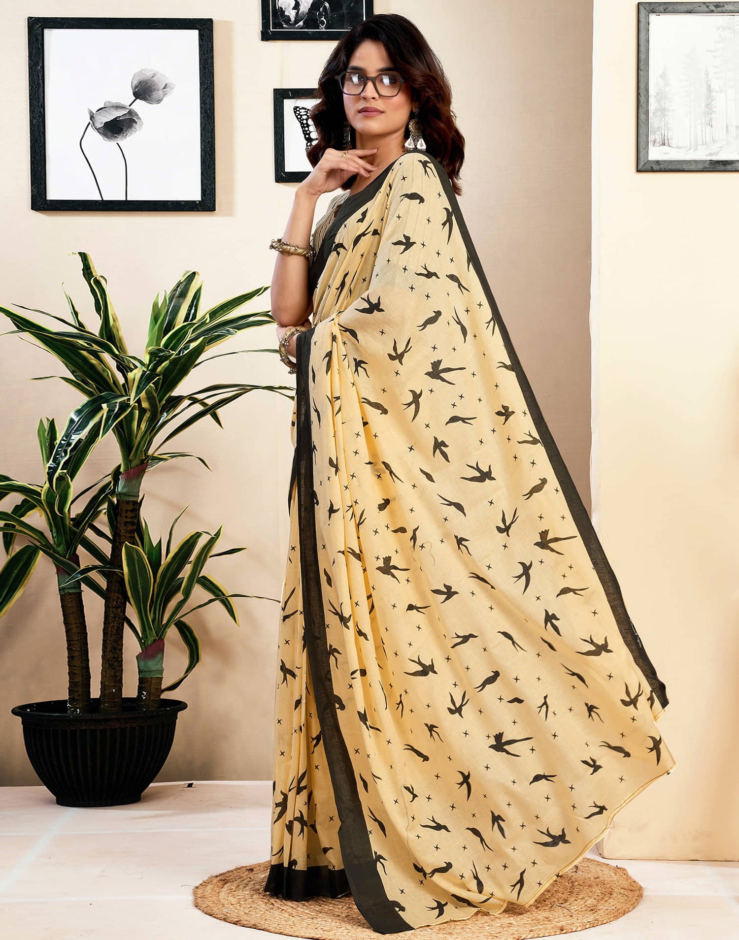 Ready To Wear Cream Pure Cotton Printed Saree With Pocket