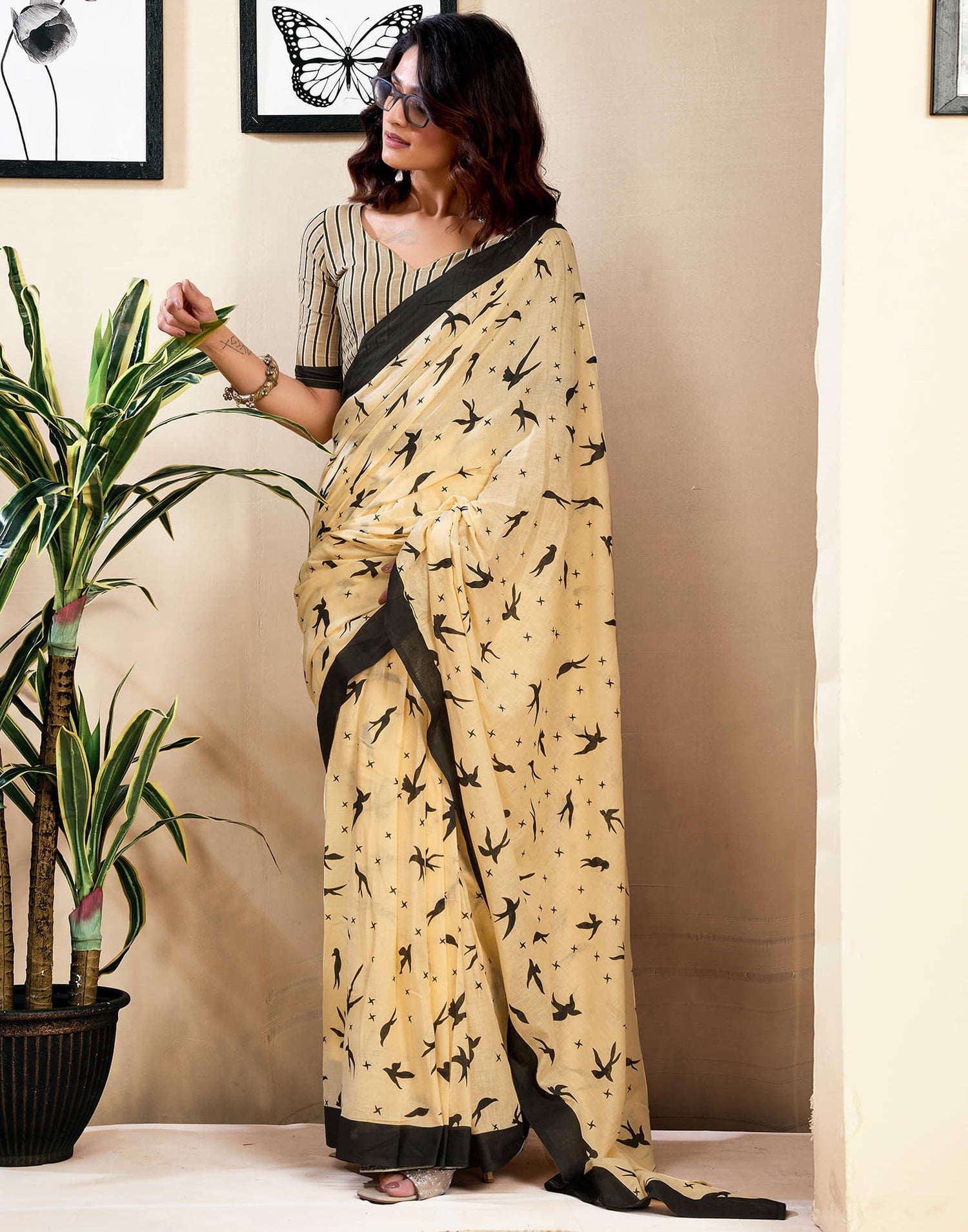 Ready To Wear Cream Pure Cotton Printed Saree With Pocket