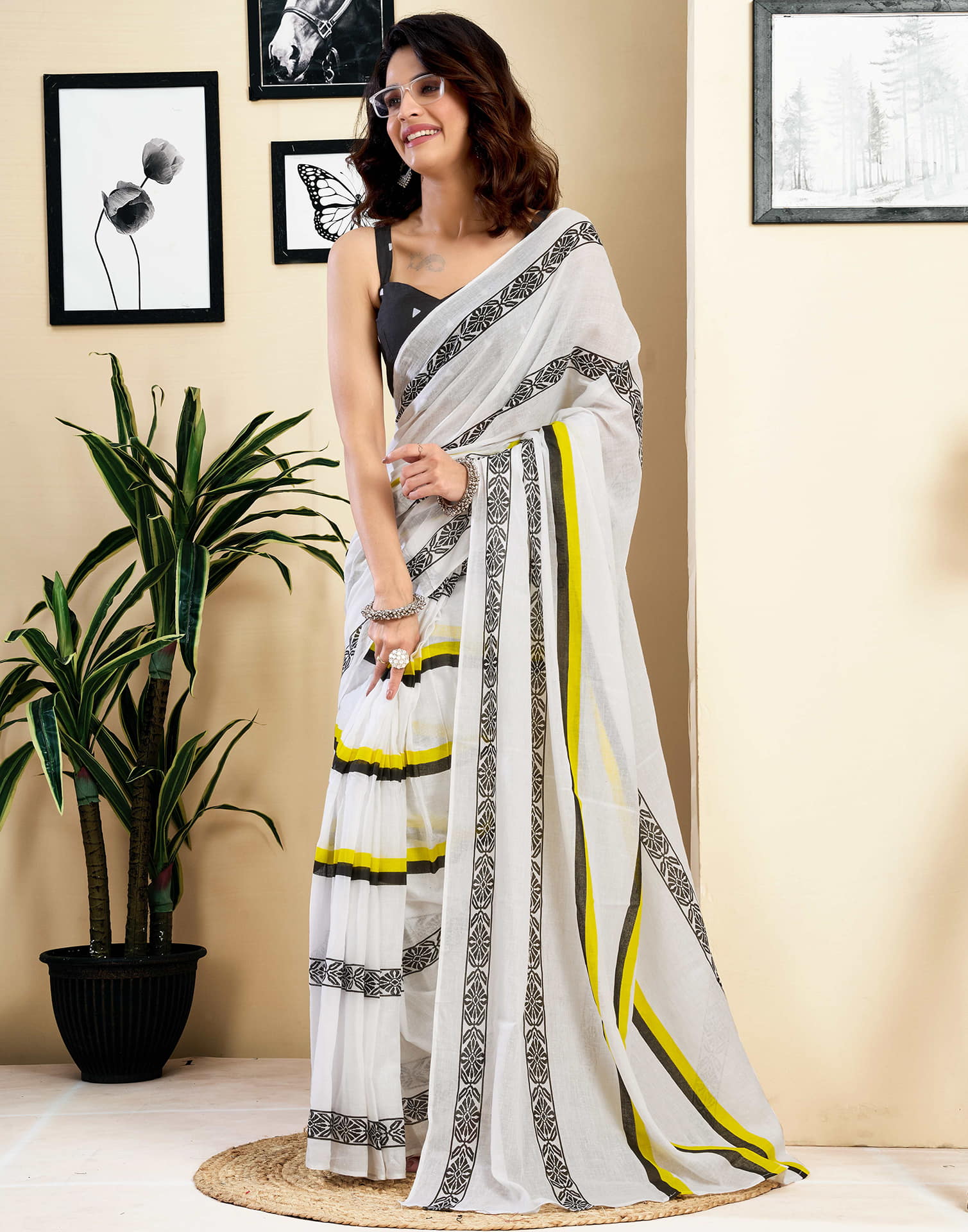Ready To Wear White Pure Cotton Printed Saree With Pocket