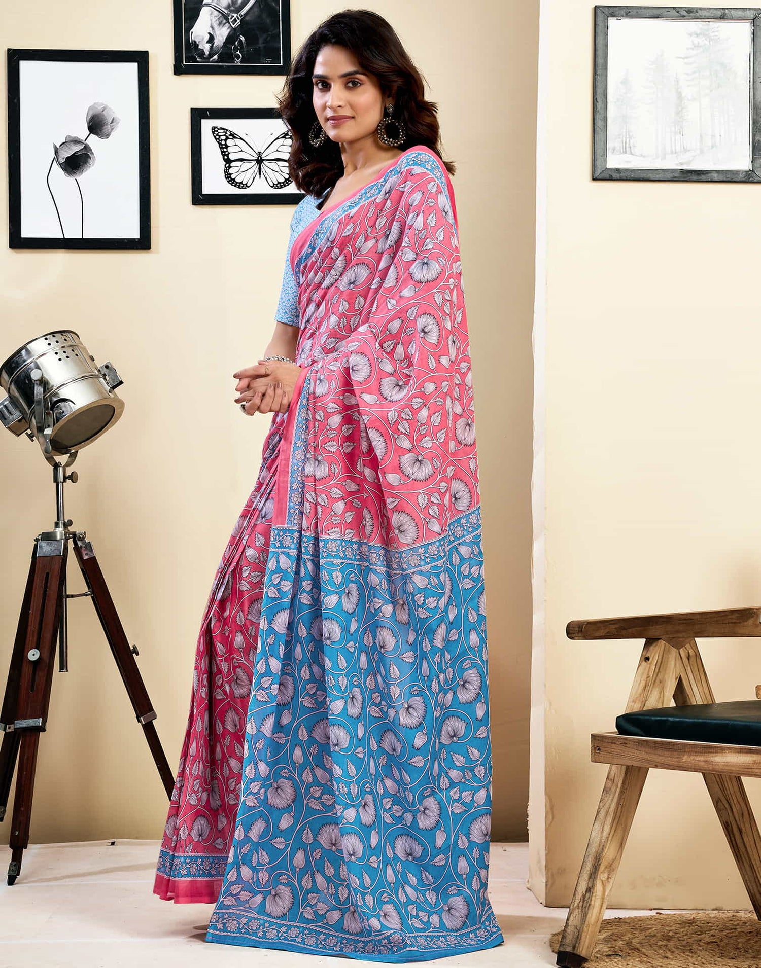 Ready To Wear Pink Pure Cotton Floral Printed Saree With Pocket