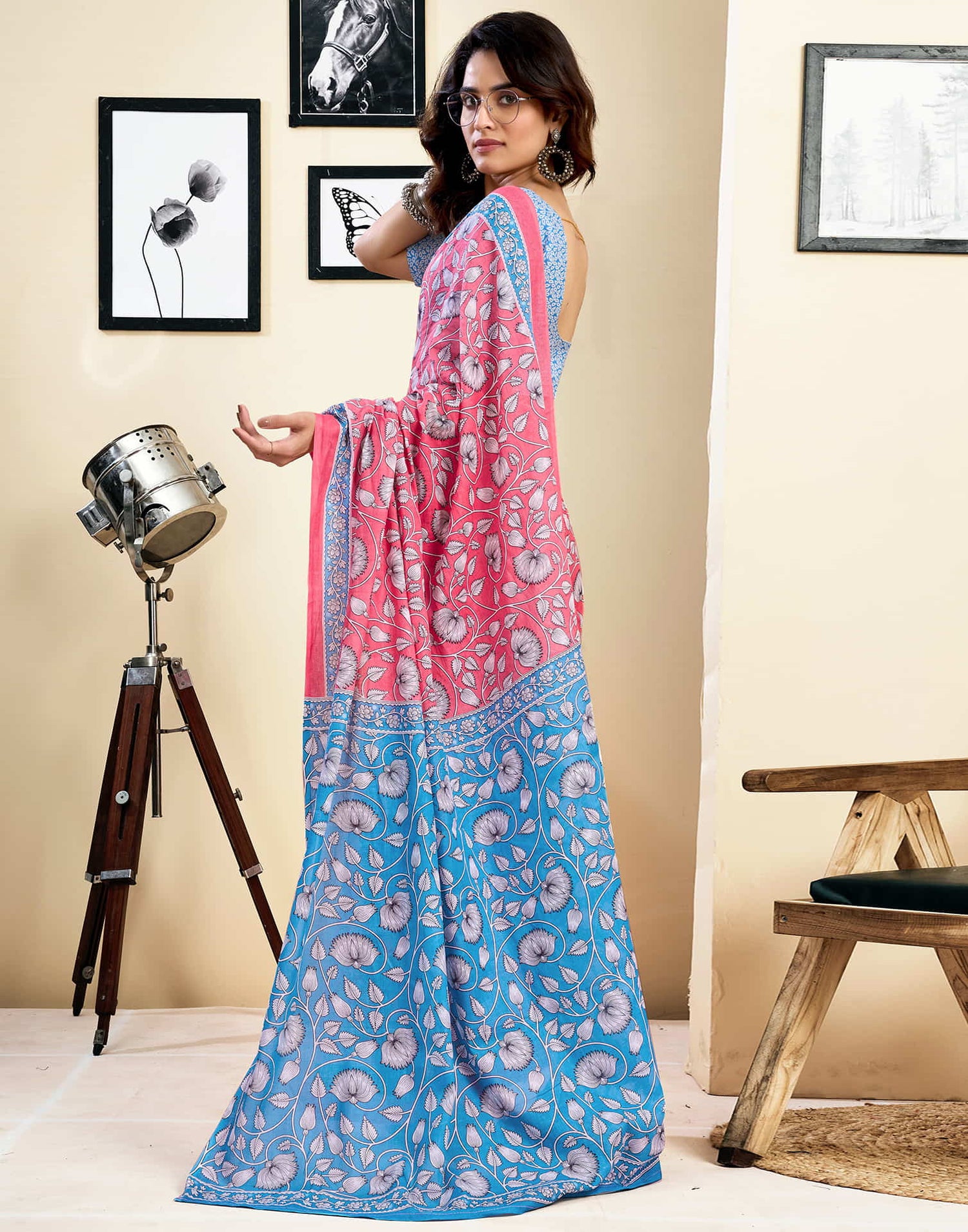 Ready To Wear Pink Pure Cotton Floral Printed Saree With Pocket