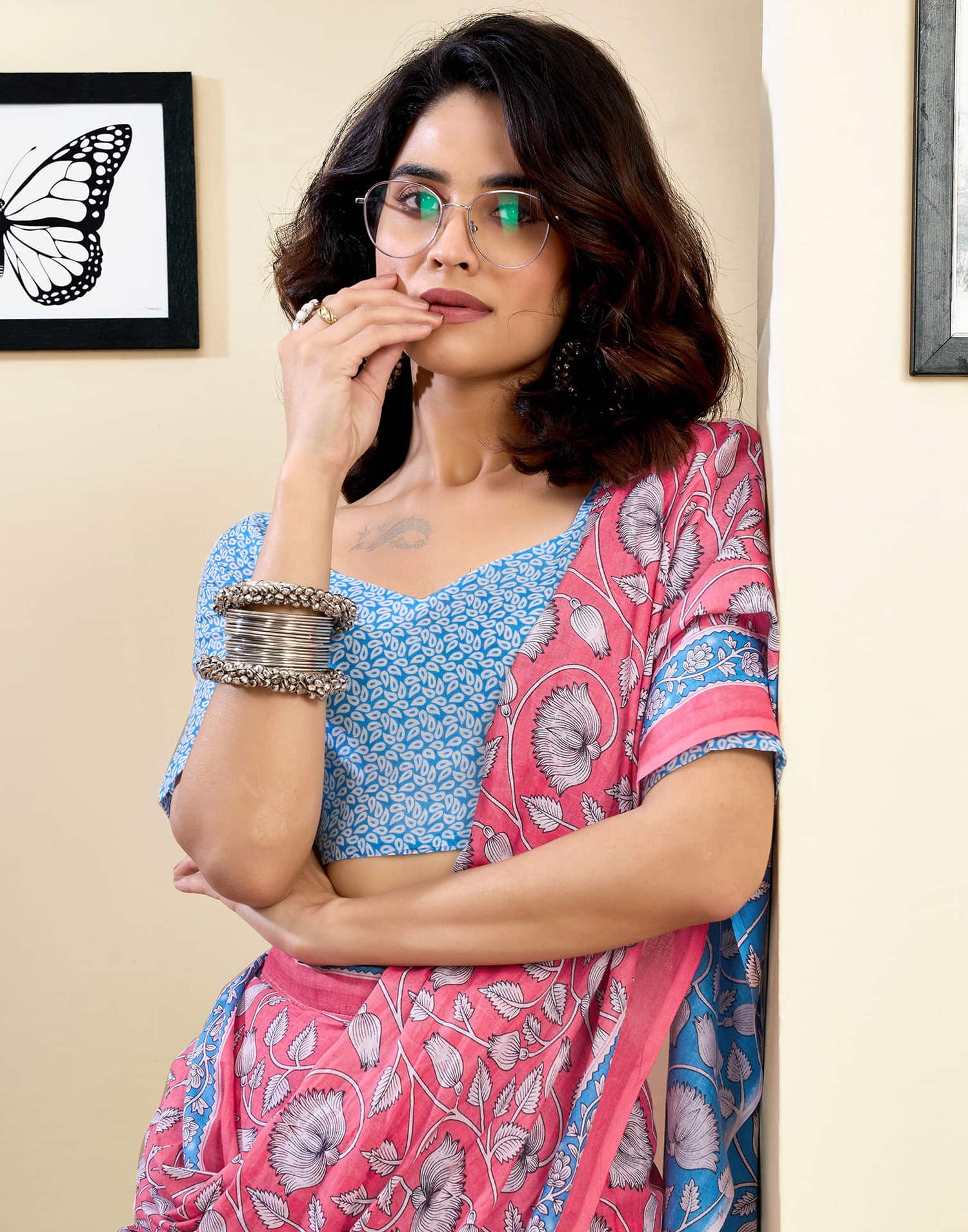 Ready To Wear Pink Pure Cotton Floral Printed Saree With Pocket