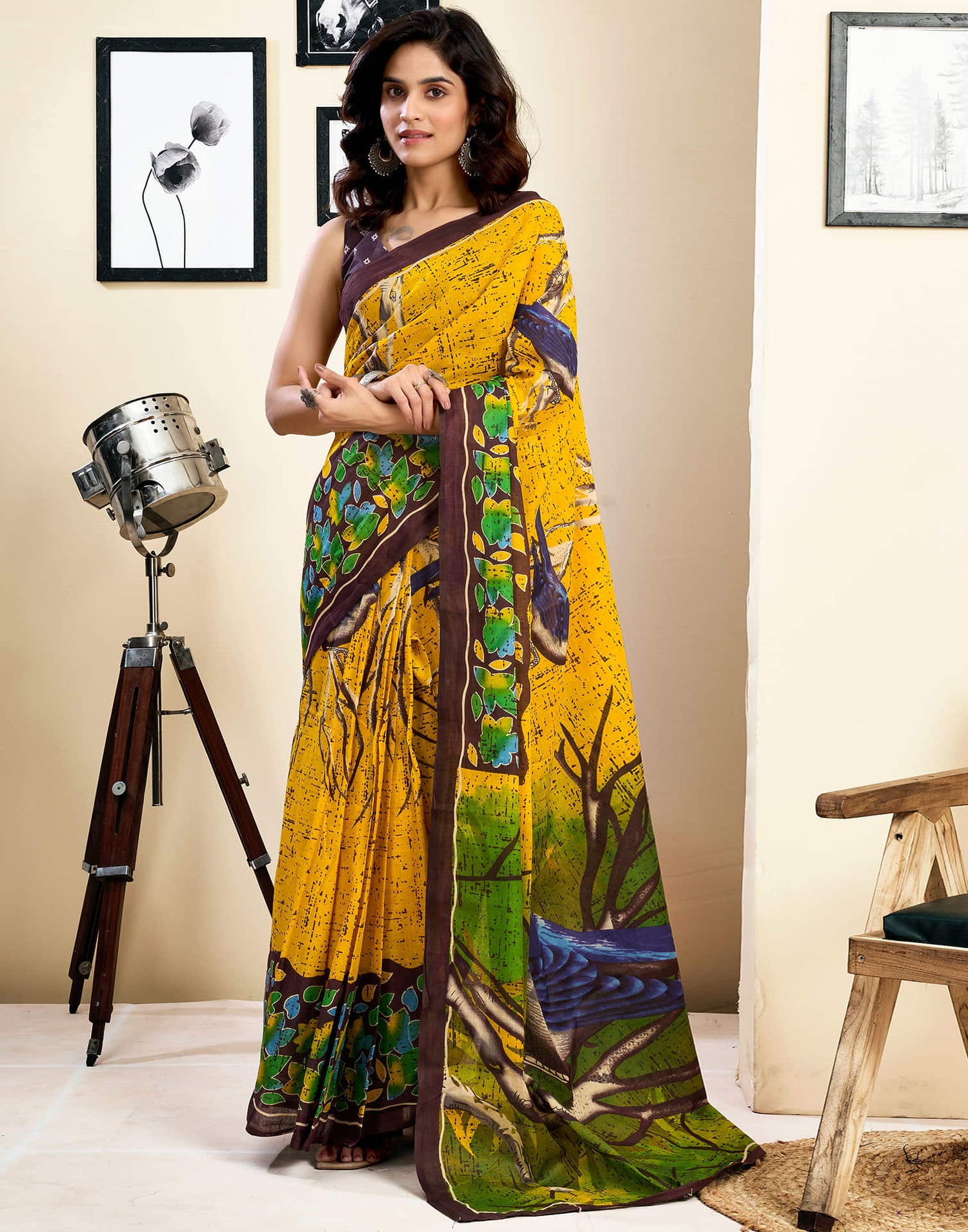 Ready To Wear Yellow Pure Cotton Printed Saree With Pocket