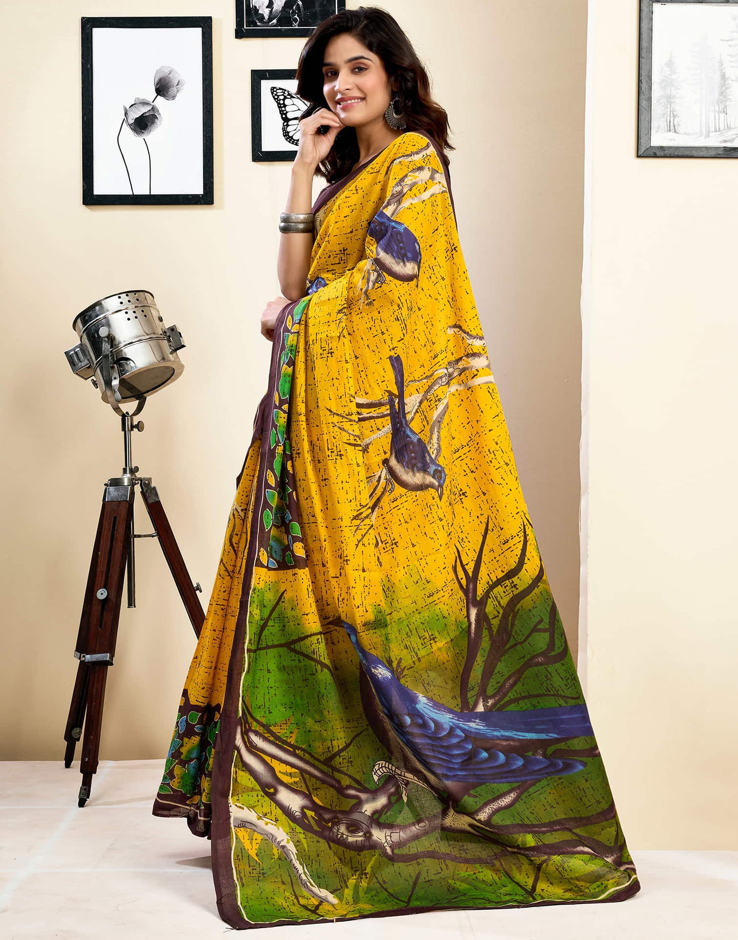 Ready To Wear Yellow Pure Cotton Printed Saree With Pocket