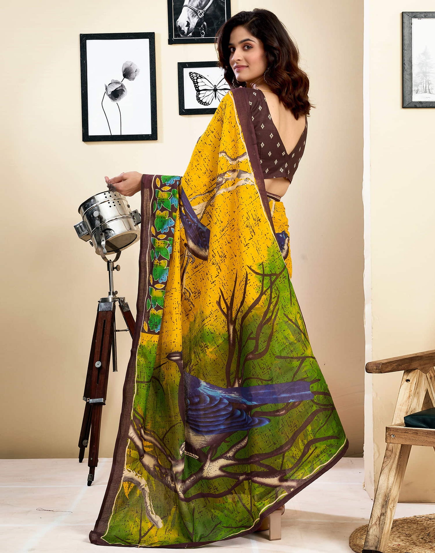 Ready To Wear Yellow Pure Cotton Printed Saree With Pocket