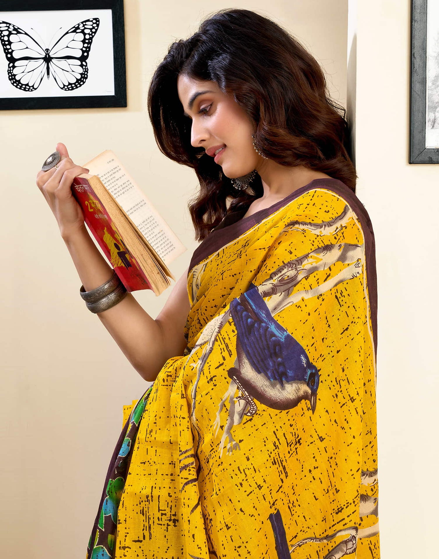 Ready To Wear Yellow Pure Cotton Printed Saree With Pocket