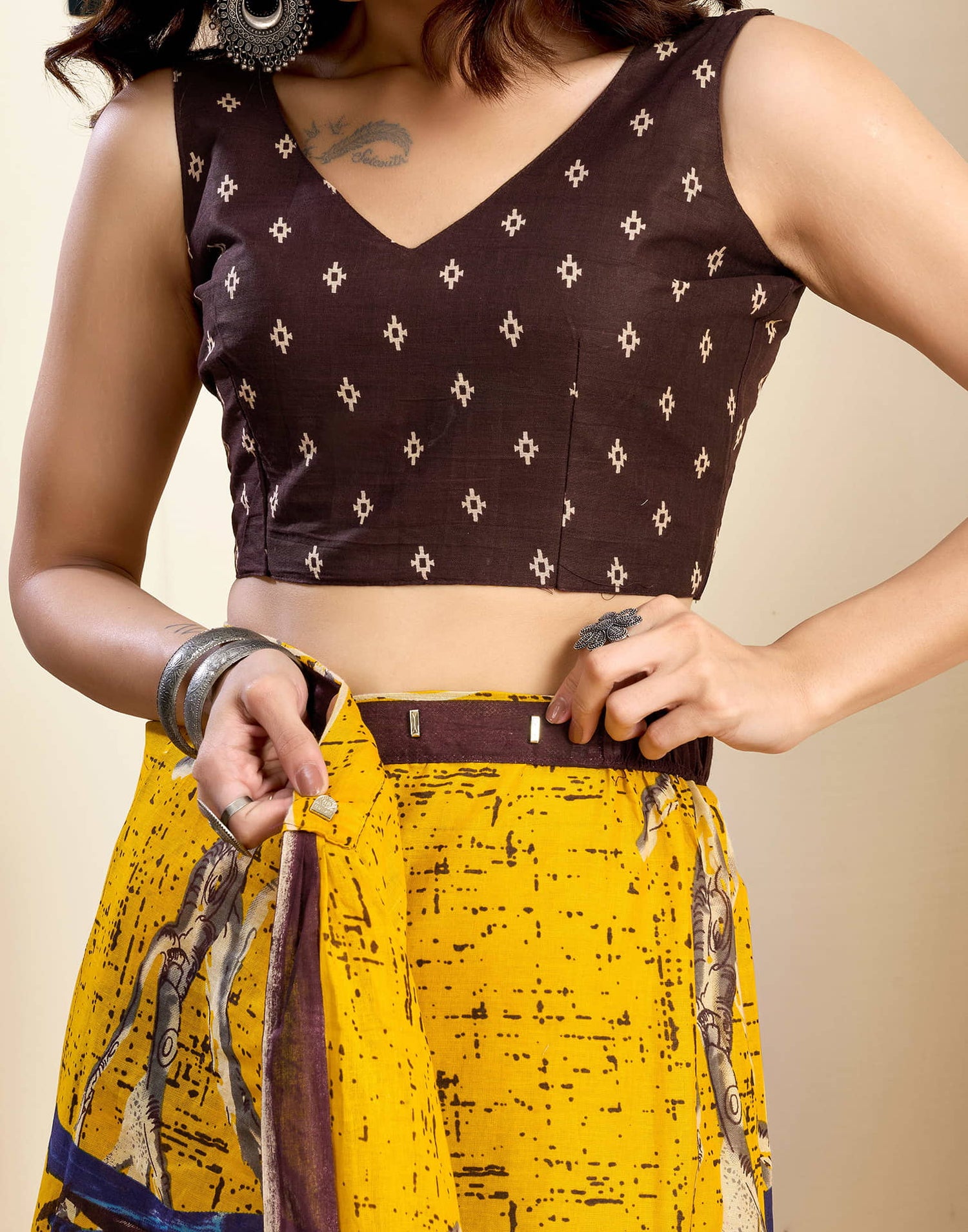 Ready To Wear Yellow Pure Cotton Printed Saree With Pocket