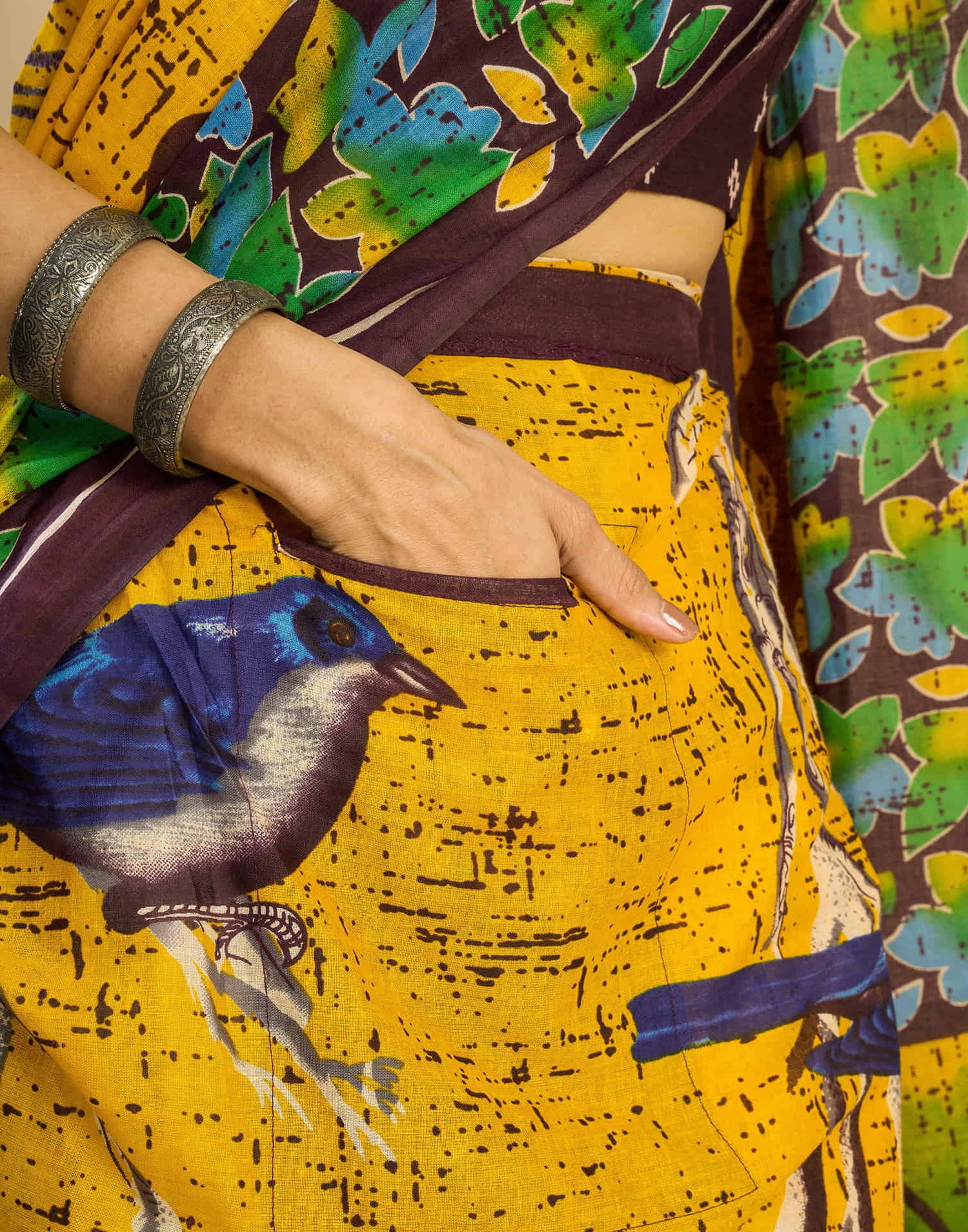 Ready To Wear Yellow Pure Cotton Printed Saree With Pocket