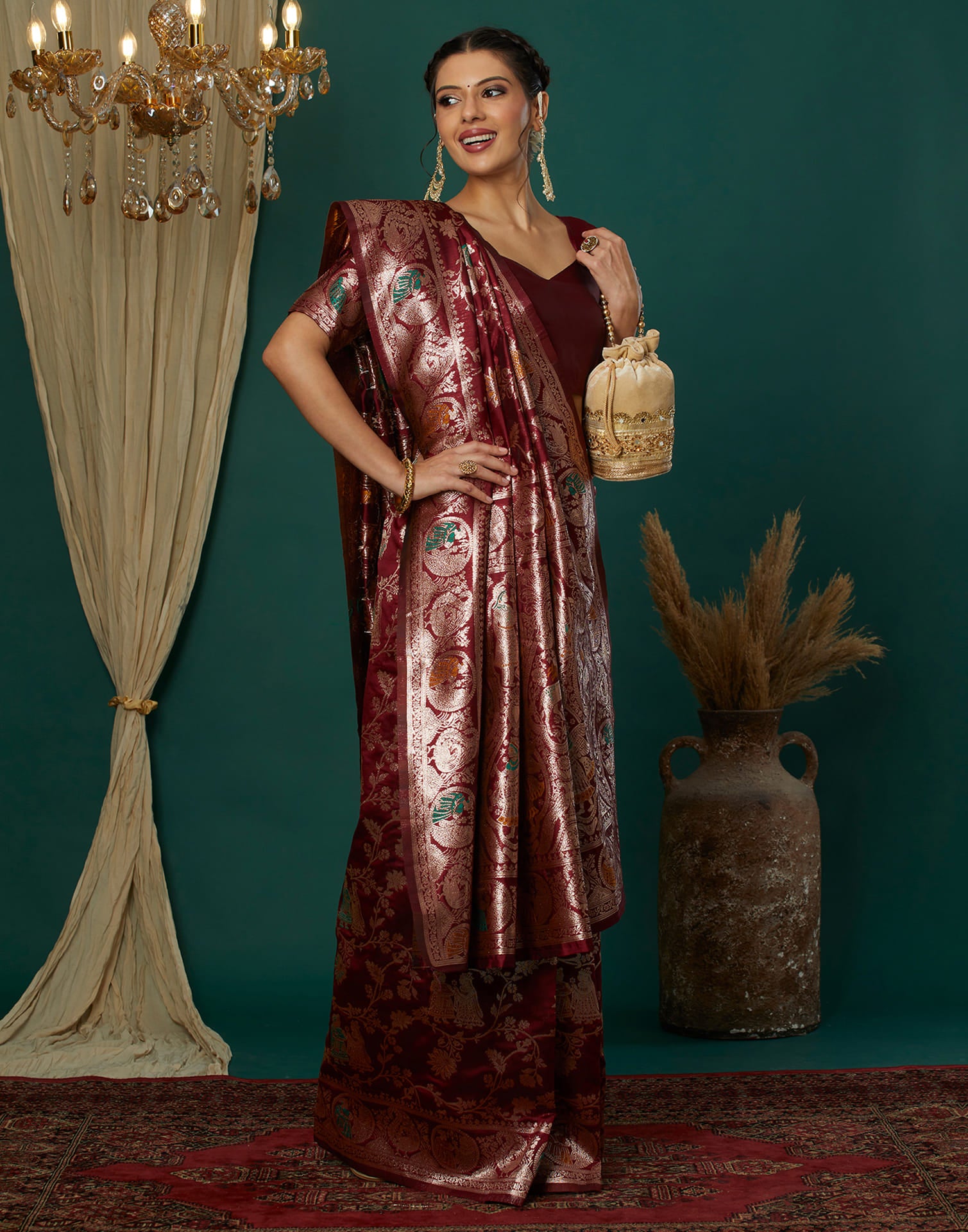 Maroon Silk Blend Woven Banarasi Saree