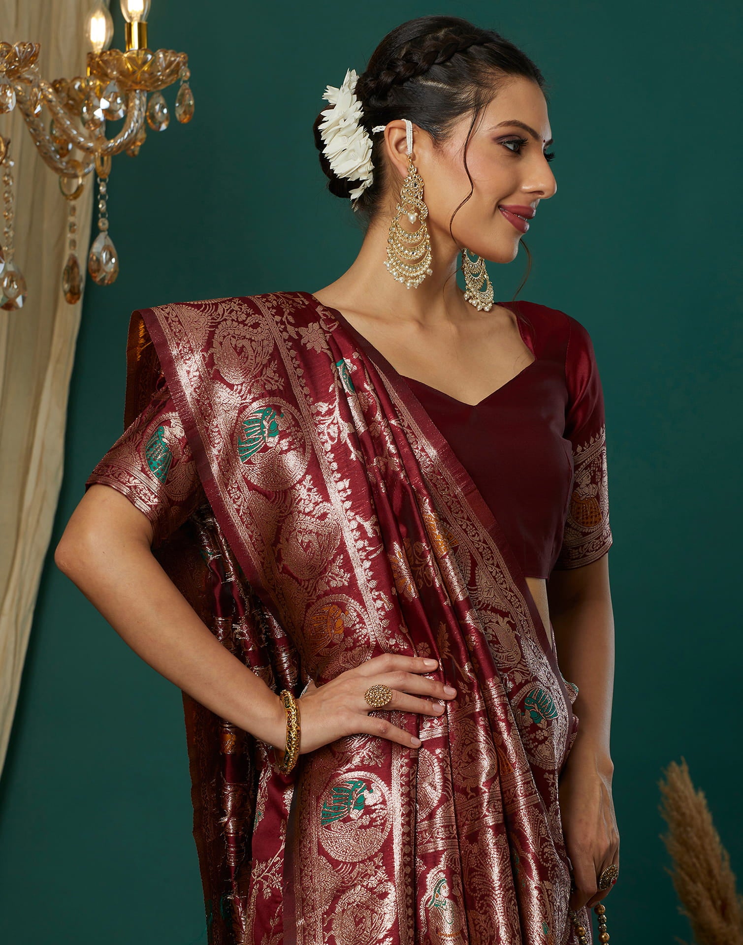 Maroon Silk Blend Woven Banarasi Saree