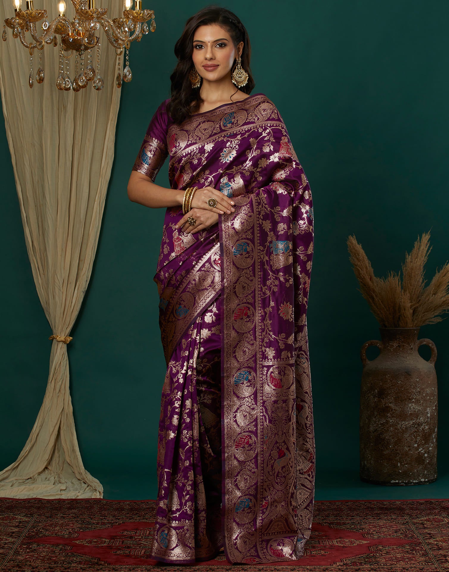Wine Silk Blend Woven Banarasi Saree