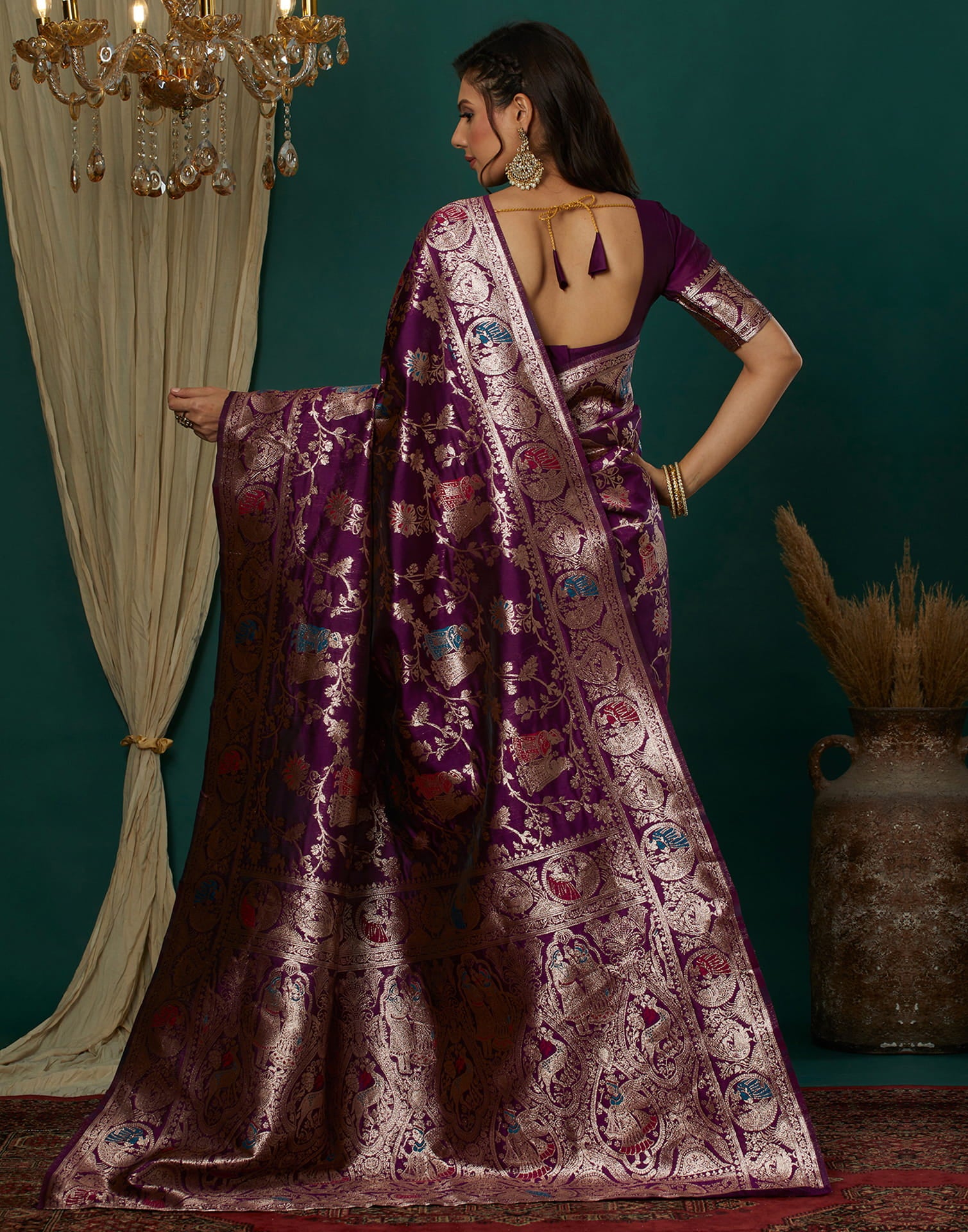 Wine Silk Blend Woven Banarasi Saree