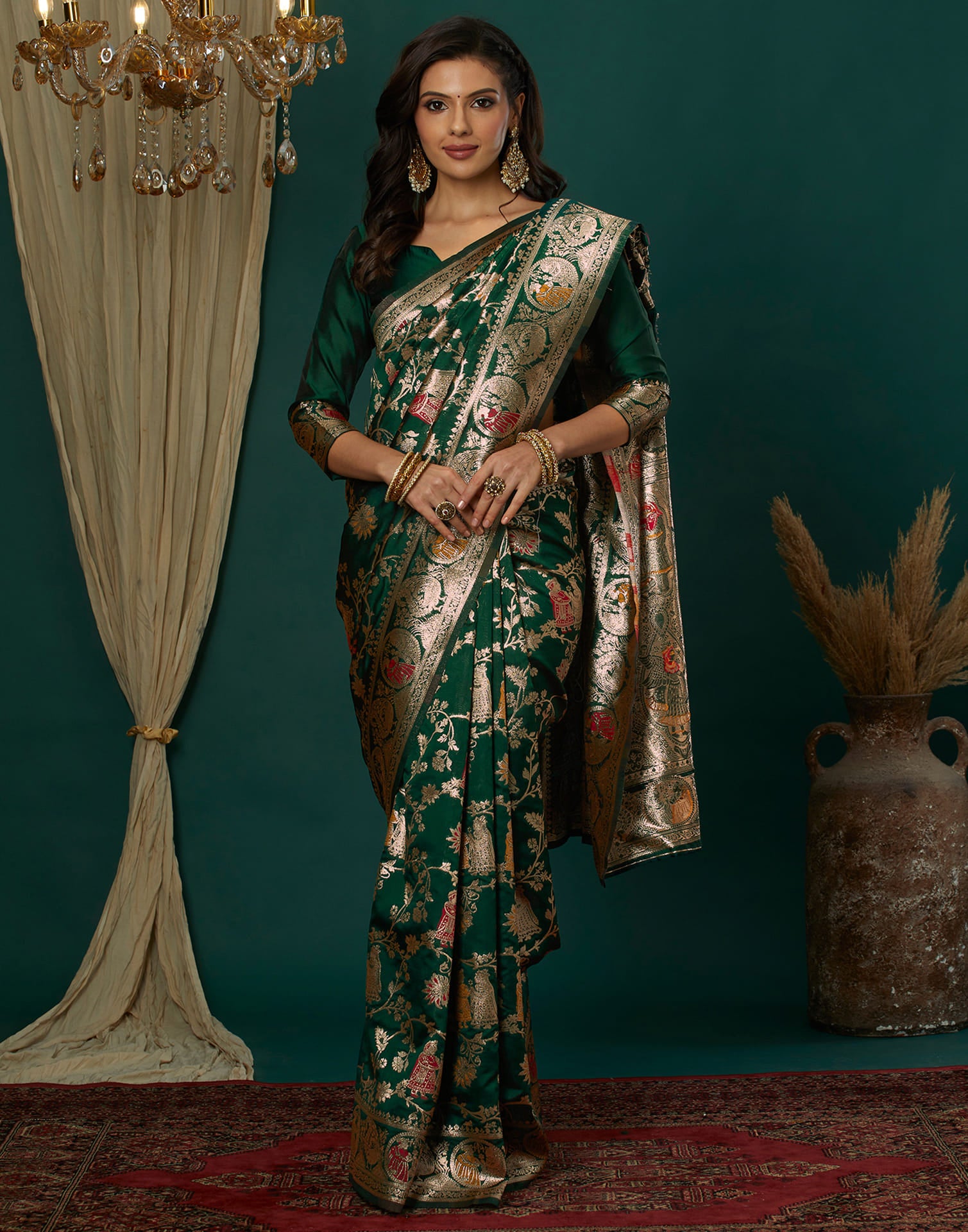 Green Silk Blend Woven Banarasi Saree