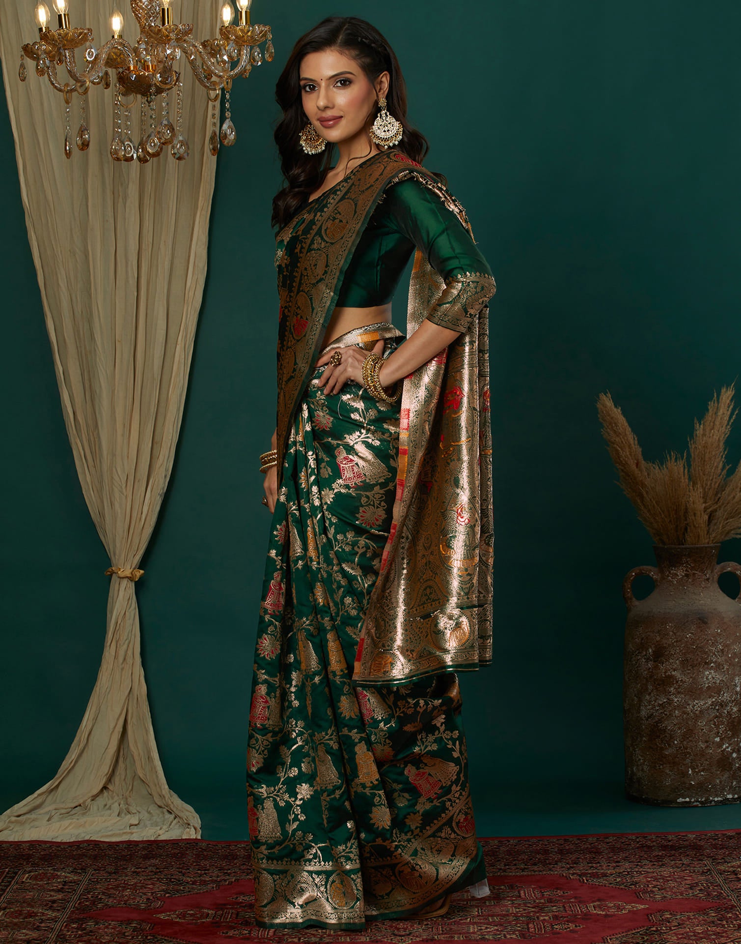 Green Silk Blend Woven Banarasi Saree