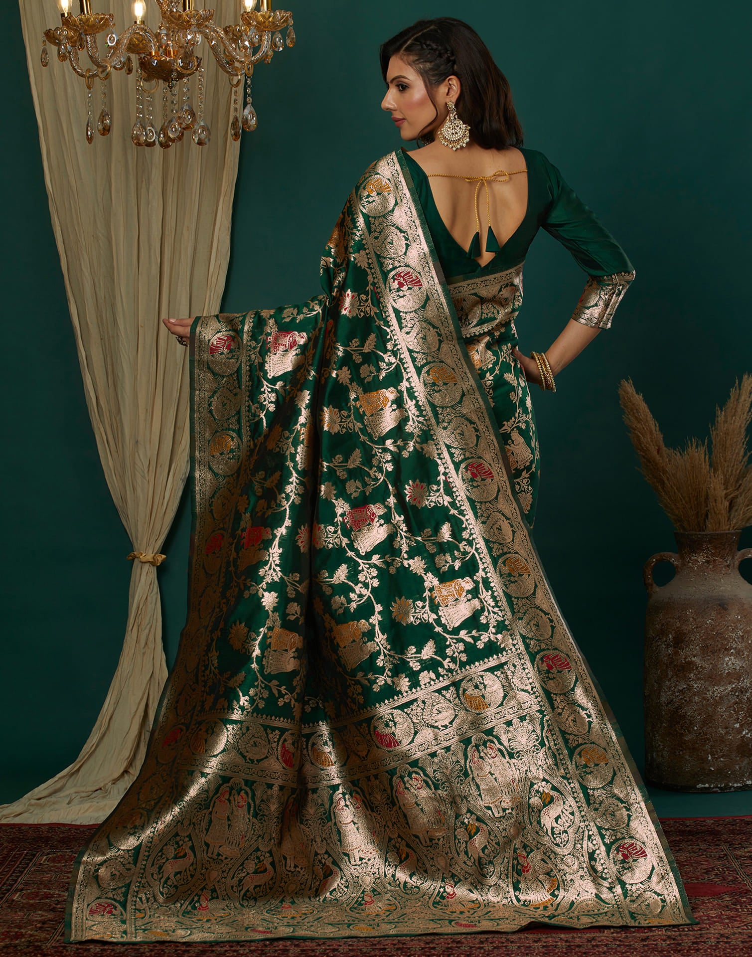 Green Silk Blend Woven Banarasi Saree