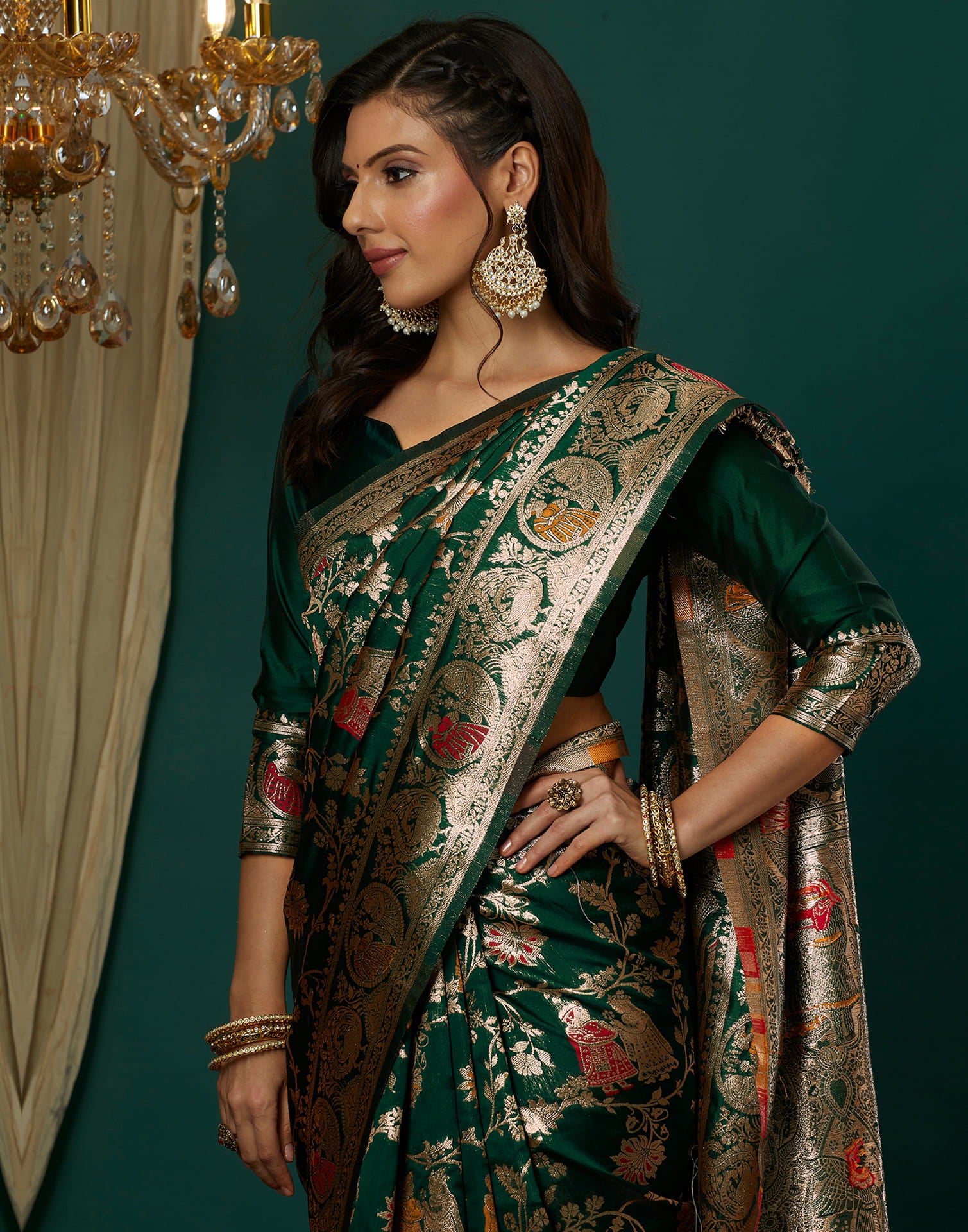Green Silk Blend Woven Banarasi Saree