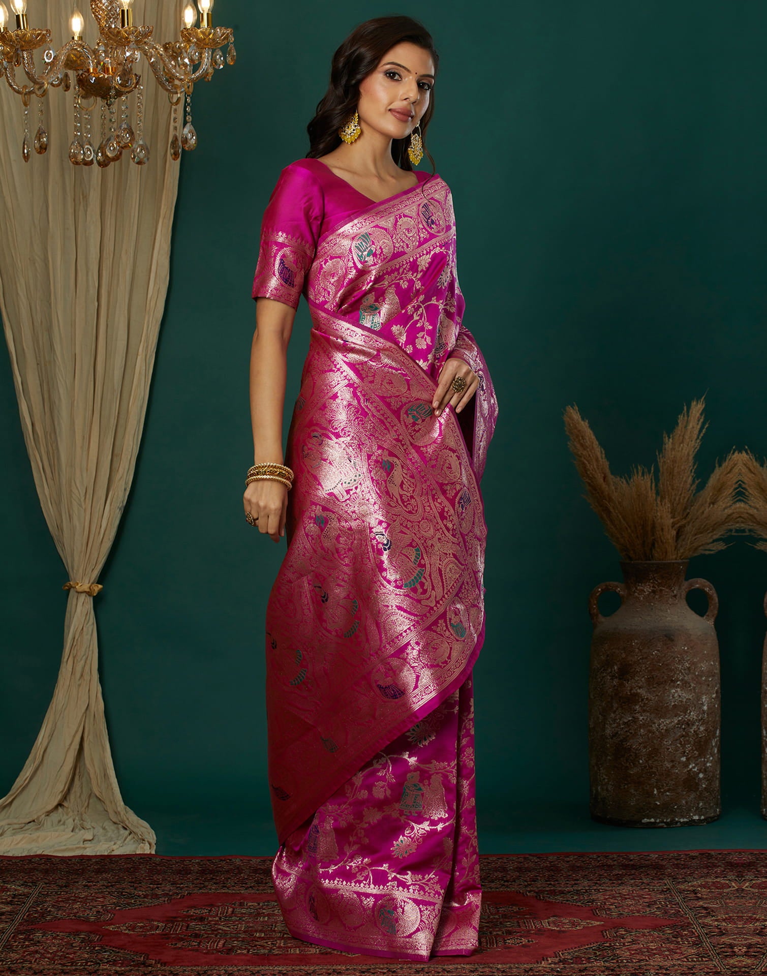Pink Silk Blend Woven Banarasi Saree