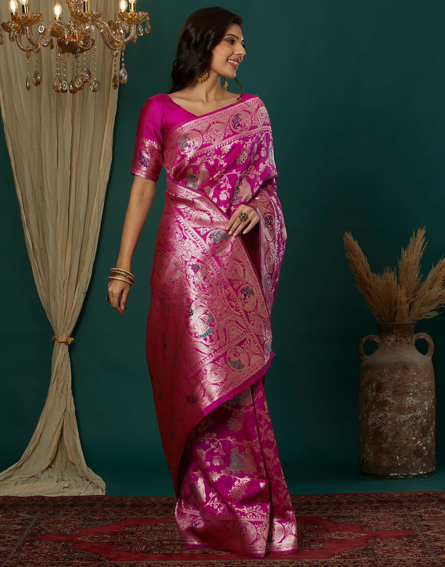 Pink Silk Blend Woven Banarasi Saree