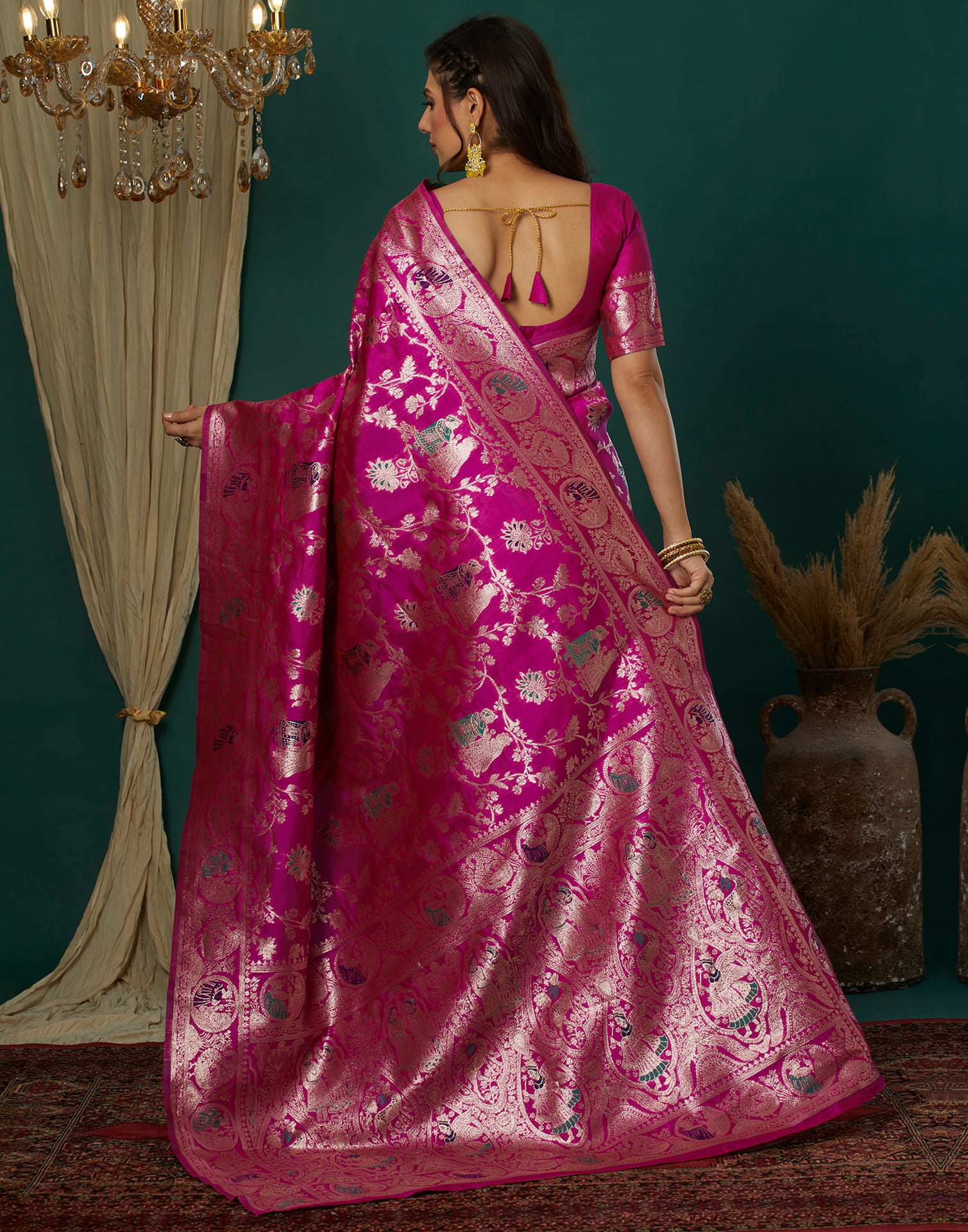 Pink Silk Blend Woven Banarasi Saree