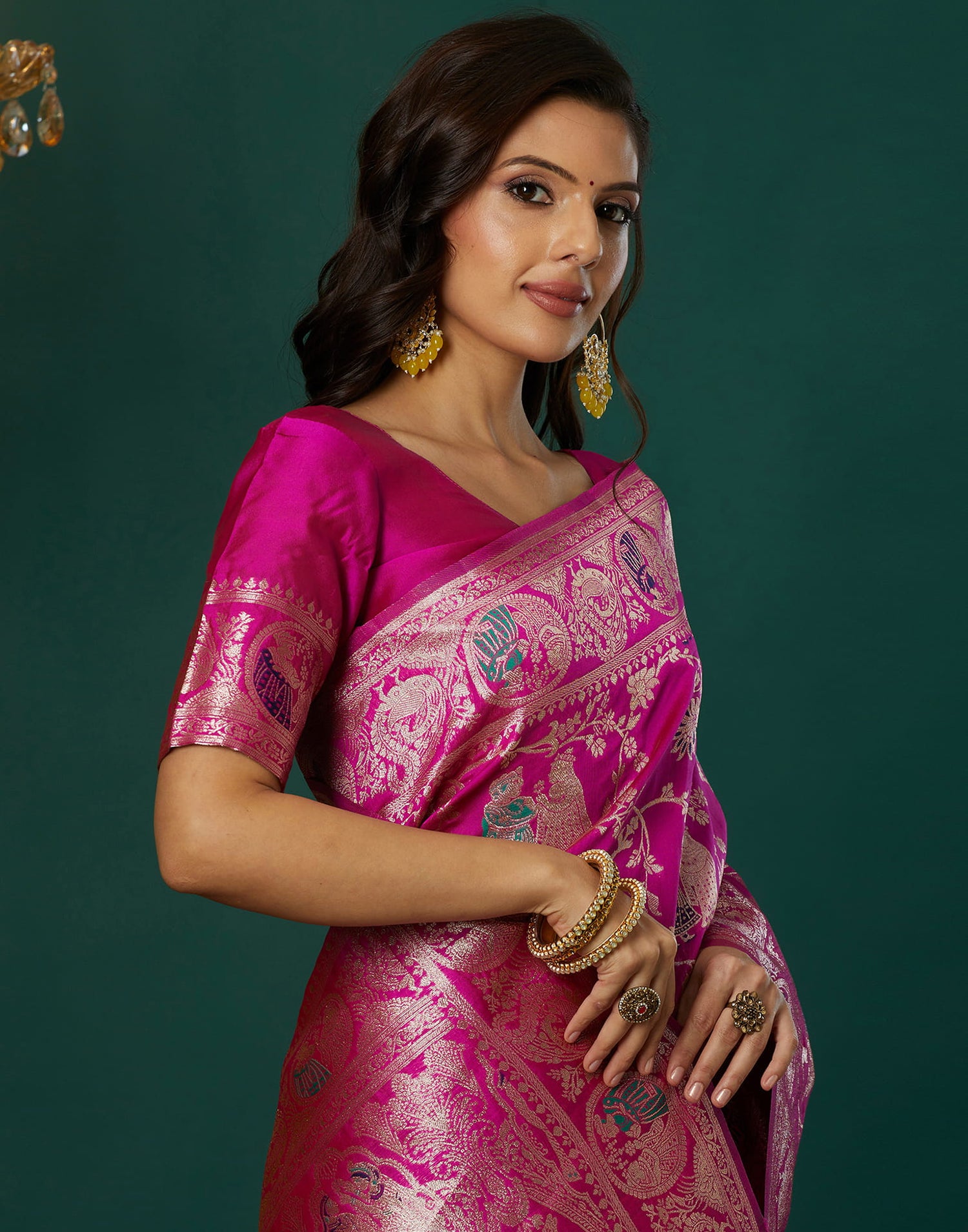 Pink Silk Blend Woven Banarasi  Saree