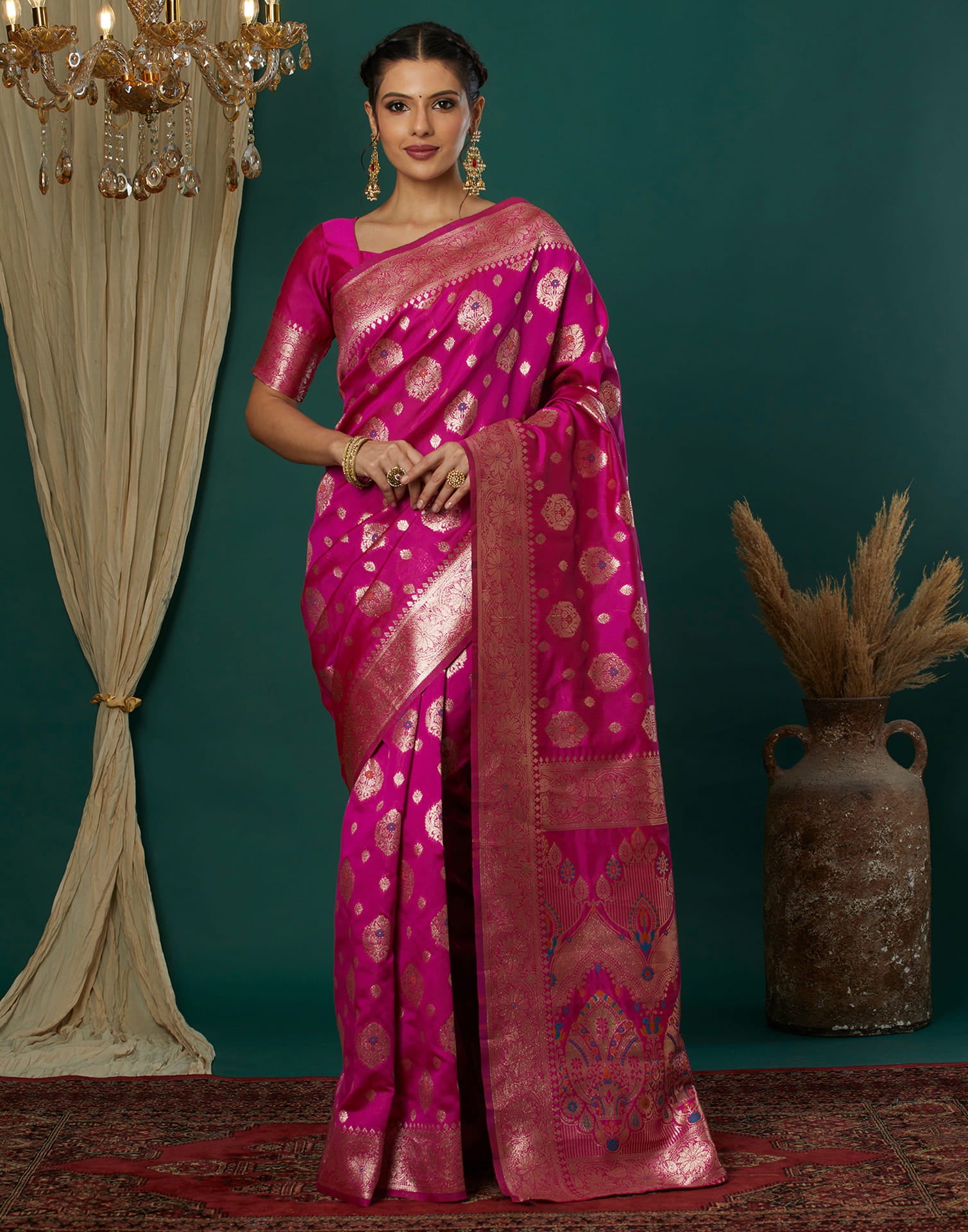 Pink Silk Blend Woven Banarasi Saree