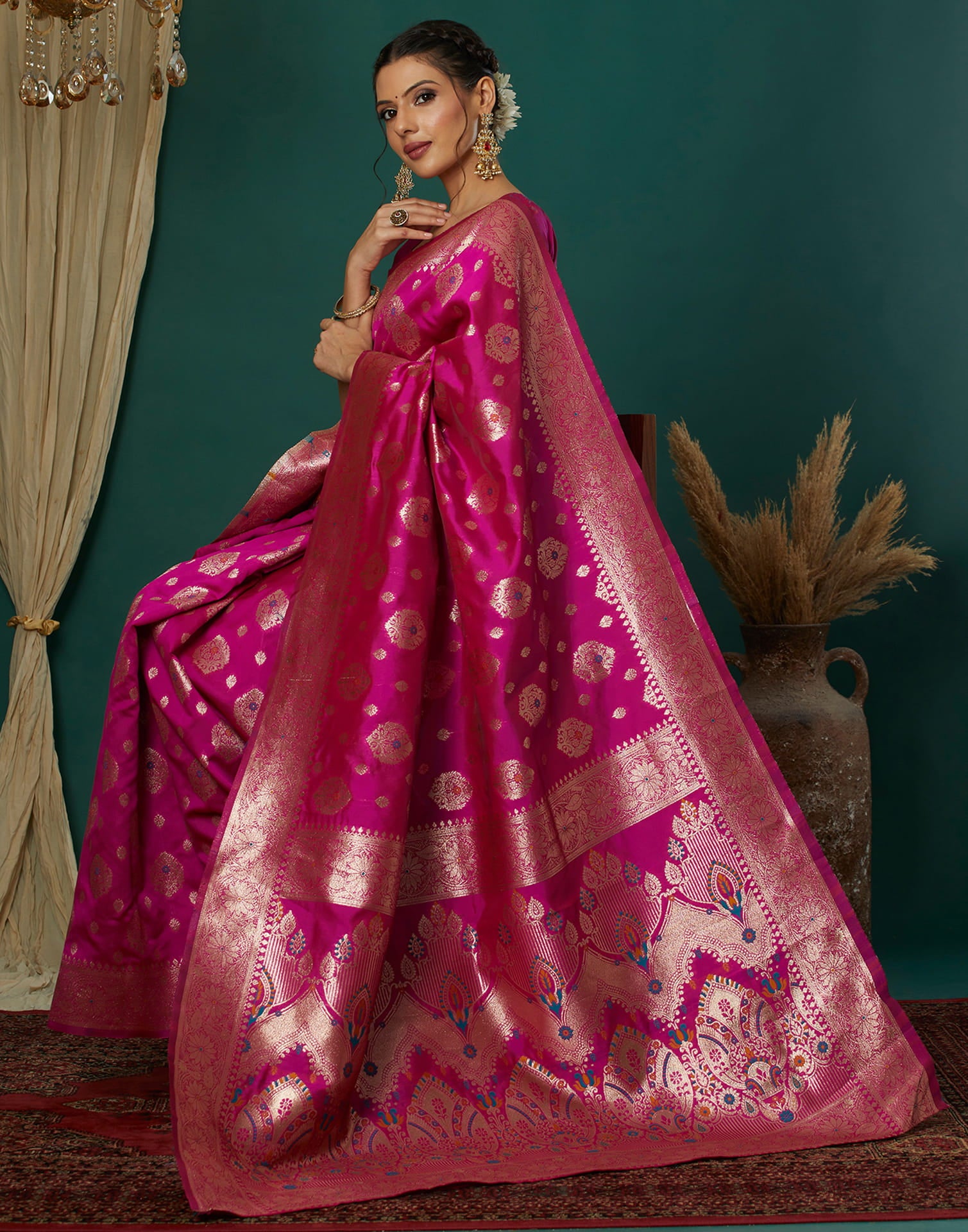 Pink Silk Blend Woven Banarasi Saree