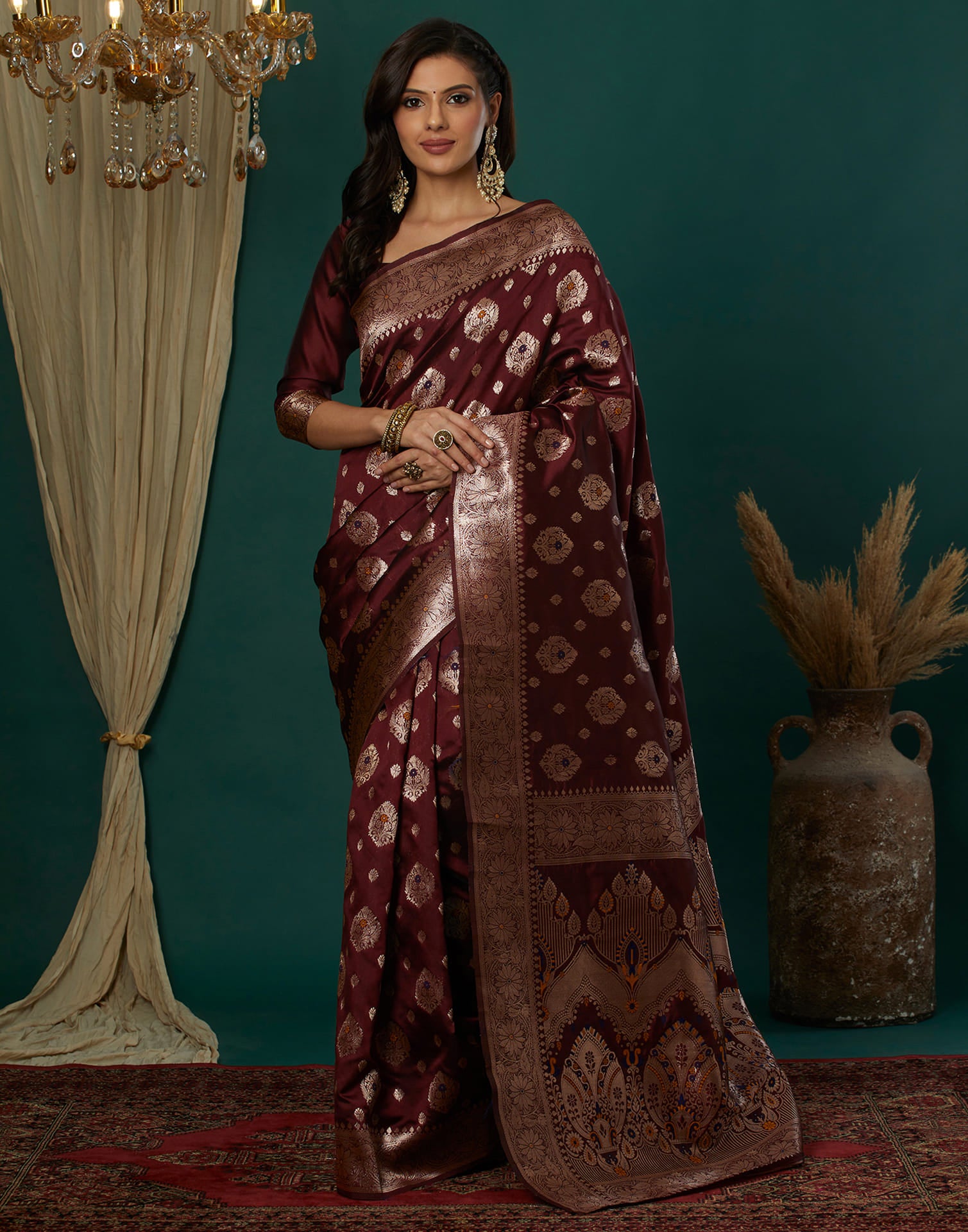Maroon Silk Blend Woven Banarasi Saree