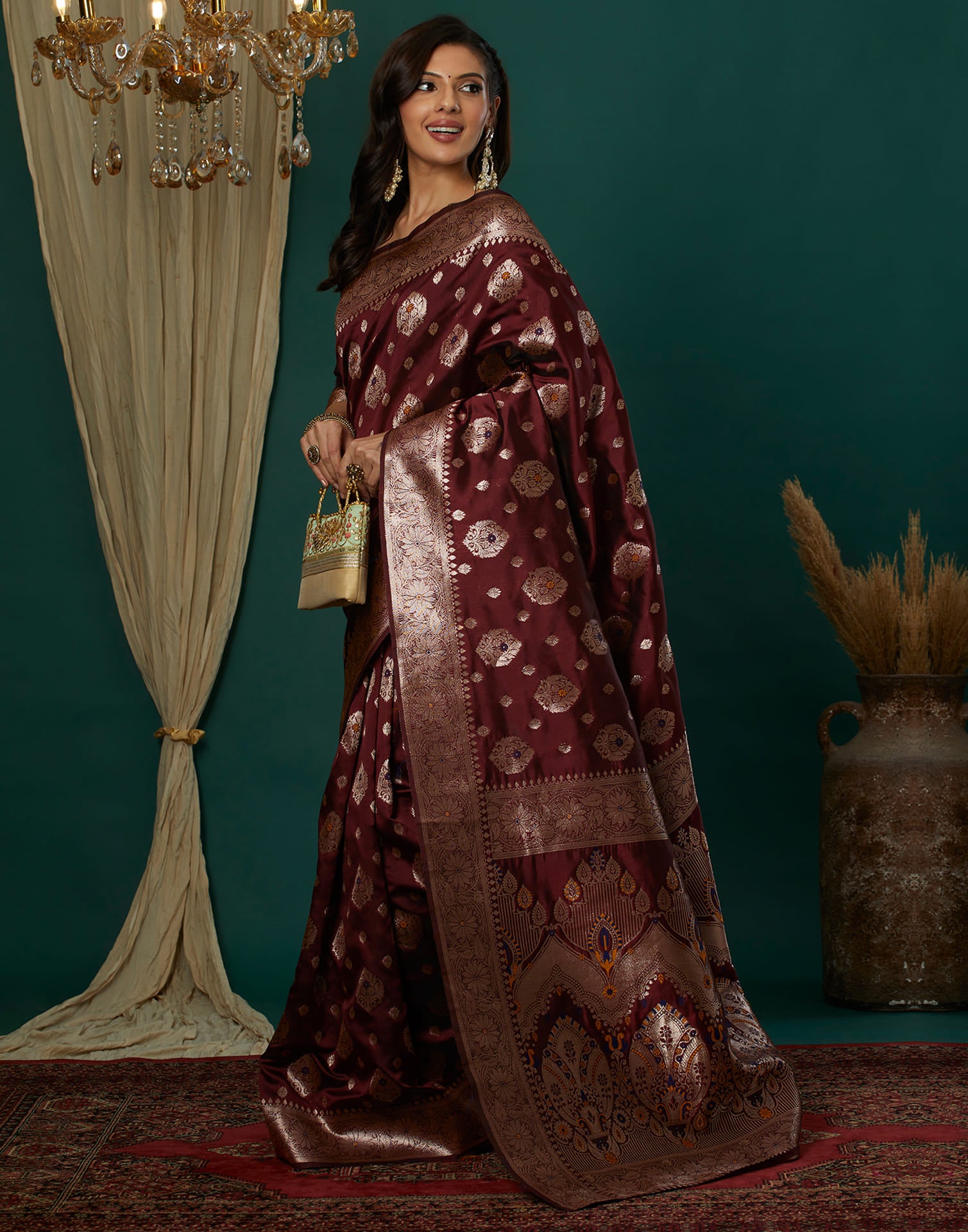 Maroon Silk Blend Woven Banarasi Saree