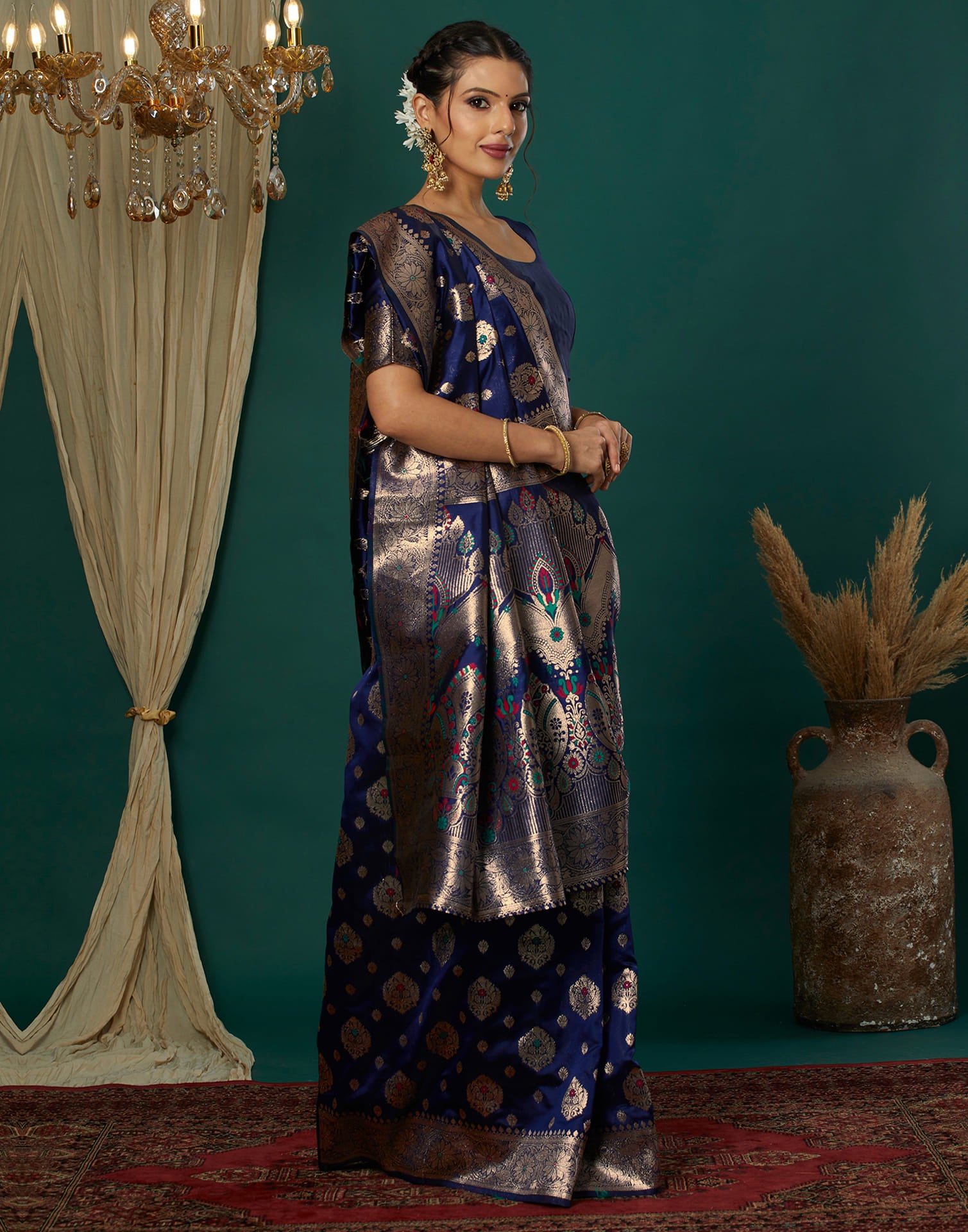 Blue Silk Blend Woven Banarasi Saree