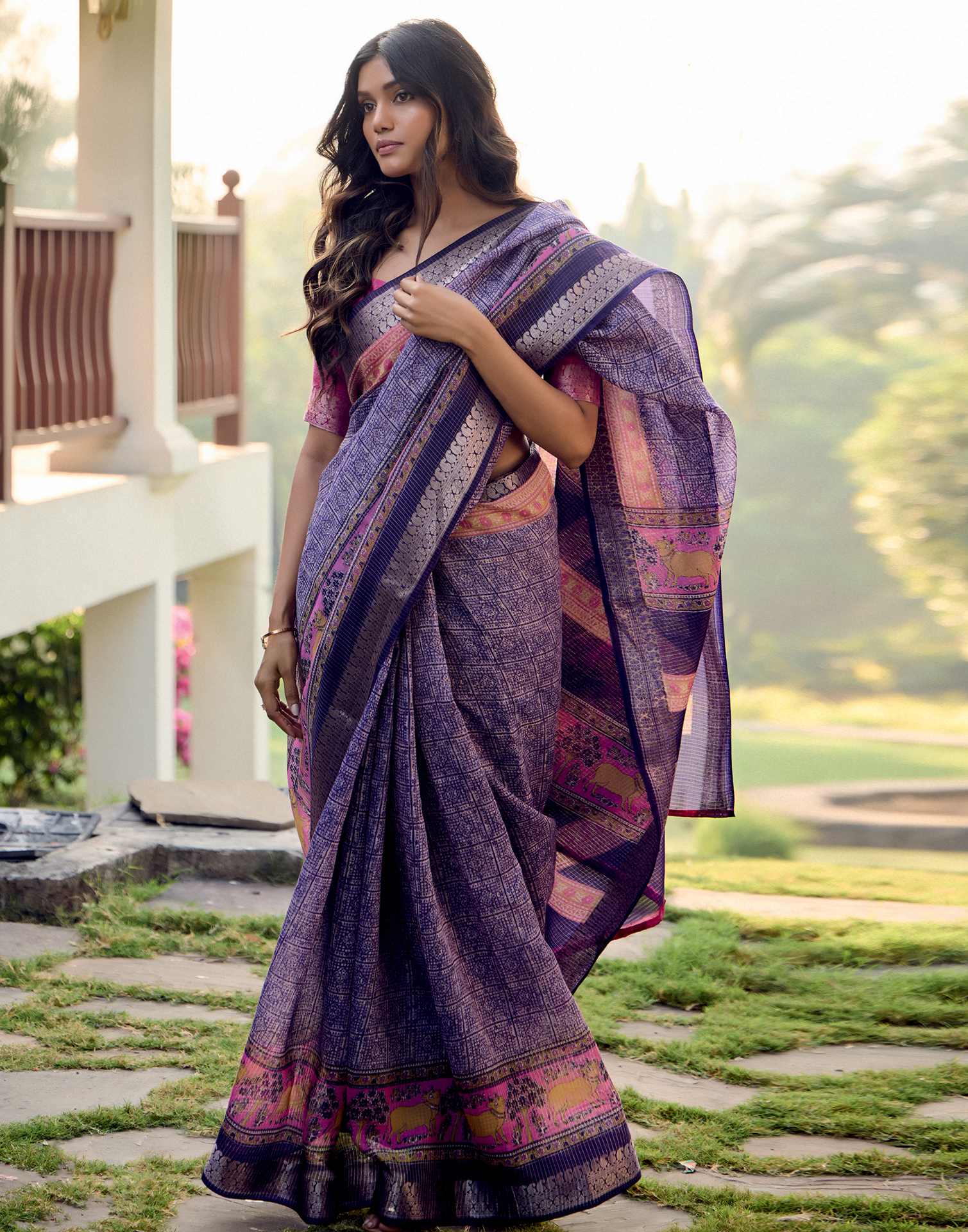 Purple Cotton Silk Printed Saree