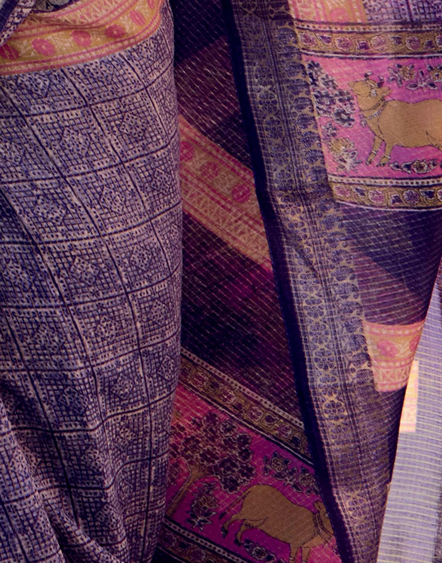 Purple Cotton Silk Printed Saree