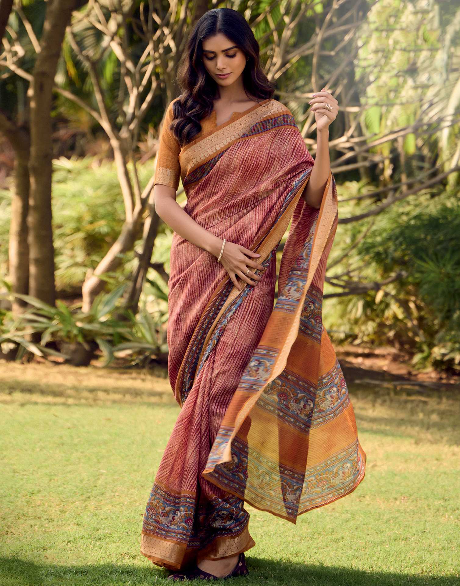 Brown Cotton Silk Printed Saree