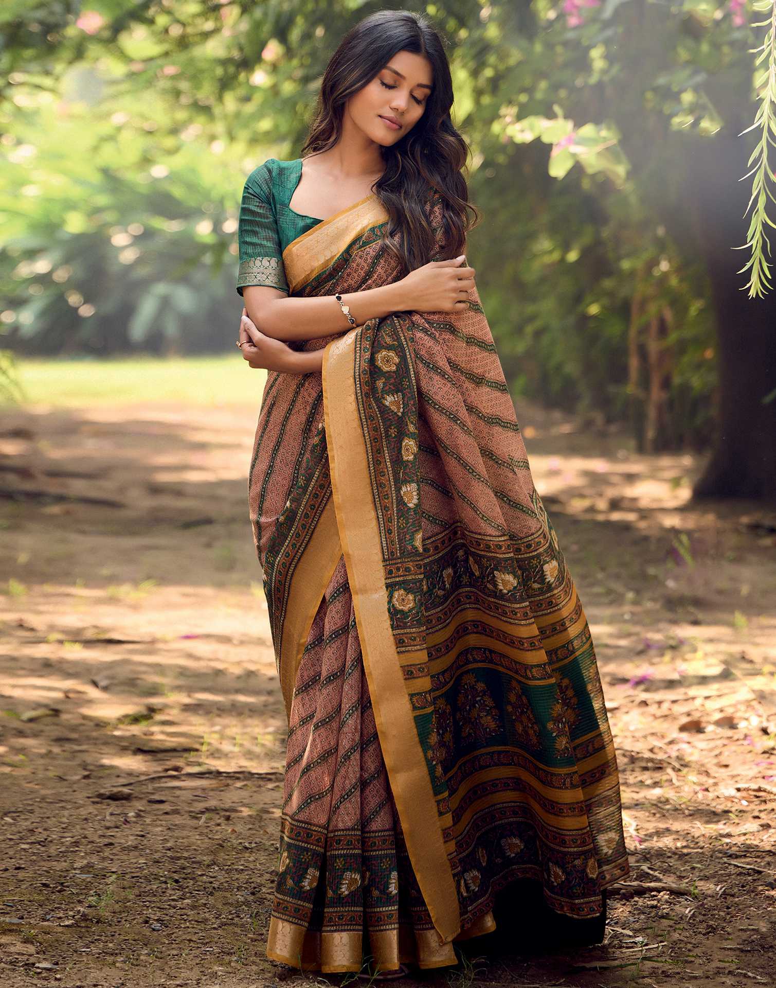 Brown Cotton Silk Printed Saree