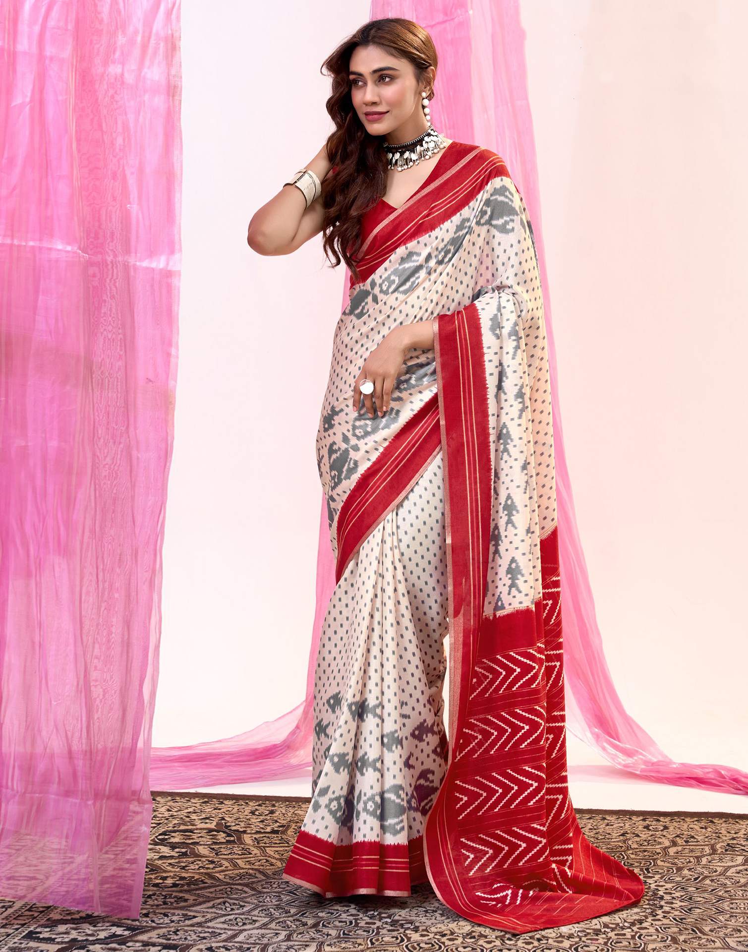 White Cotton Silk Printed Saree