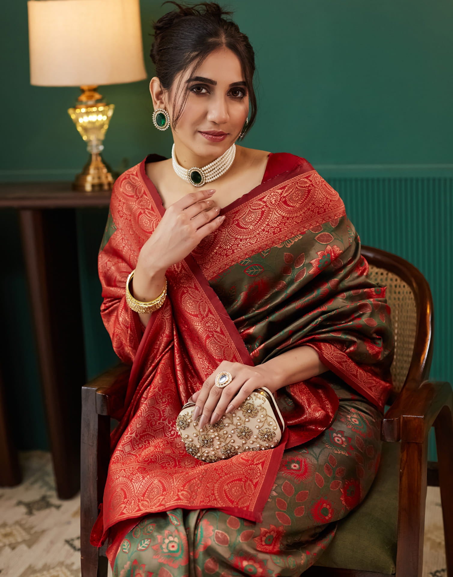 Green Silk Blend Woven Saree