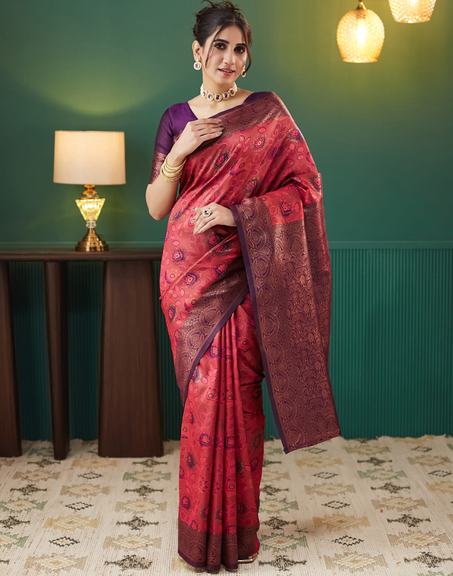 Red Silk Blend Woven Saree