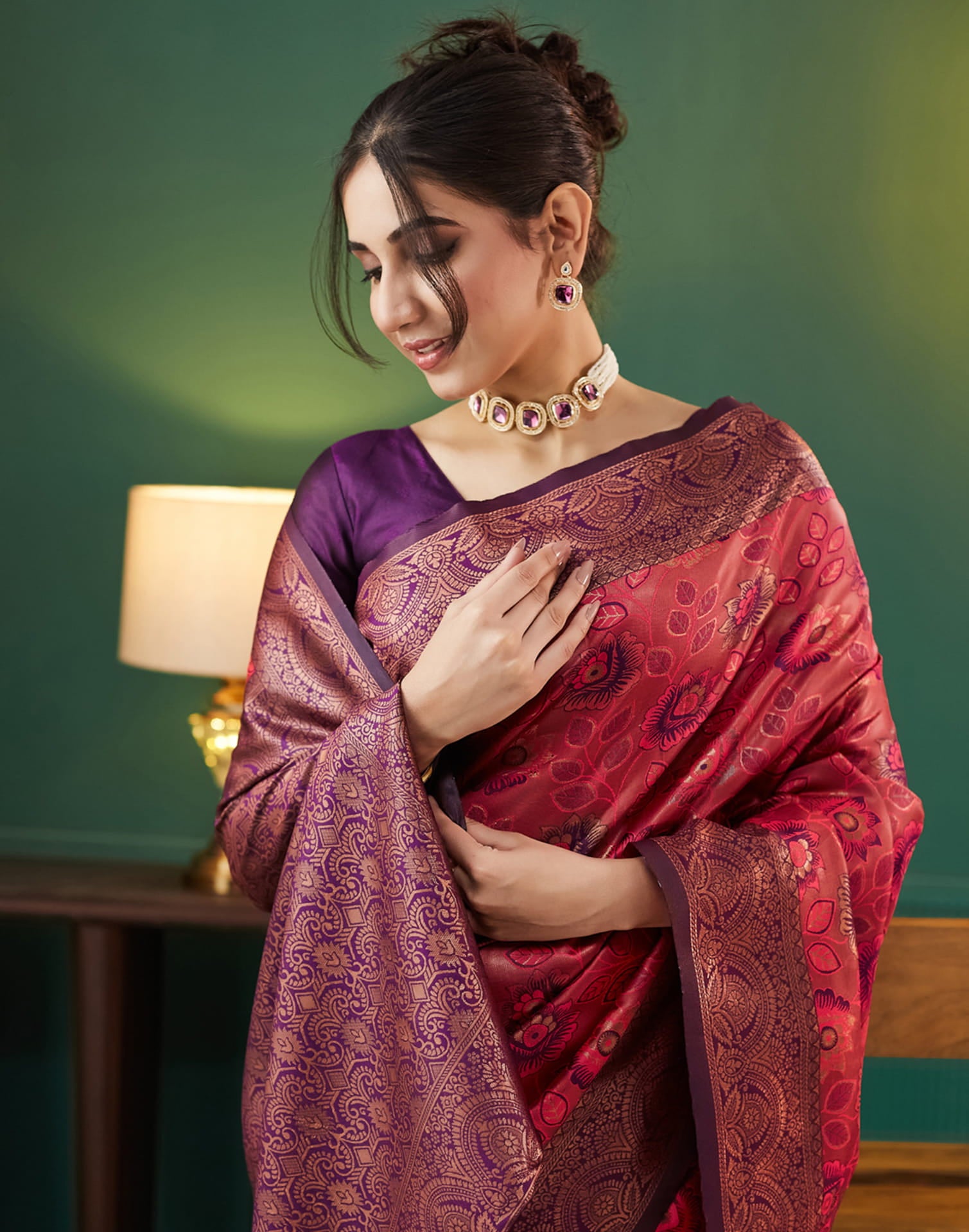 Red Silk Blend Woven Saree