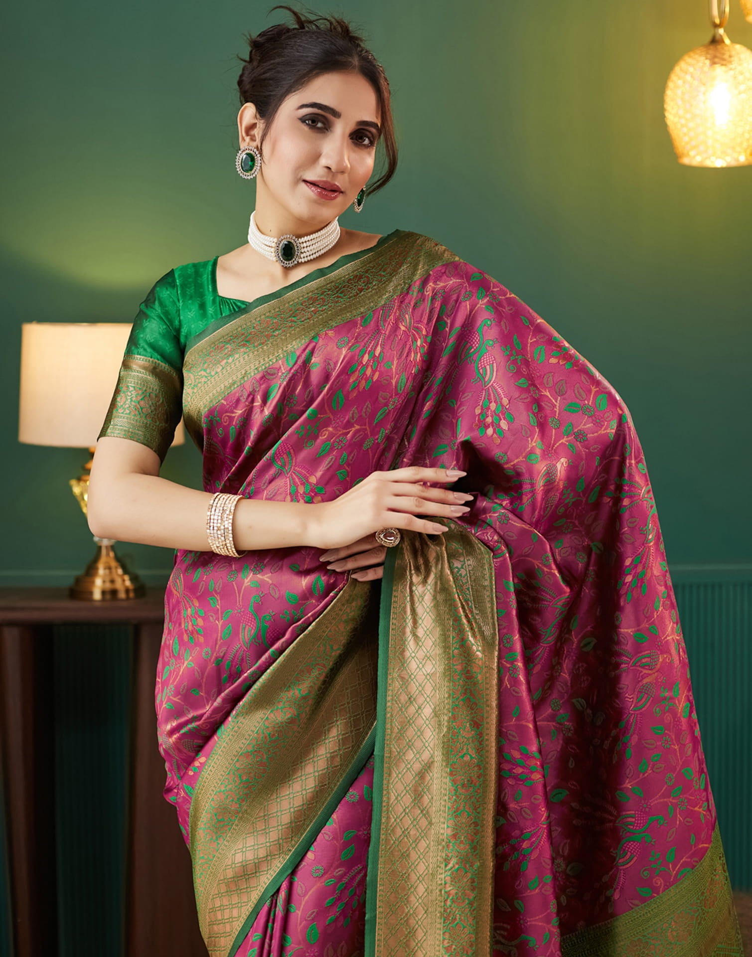 Pink Silk Blend Woven Saree