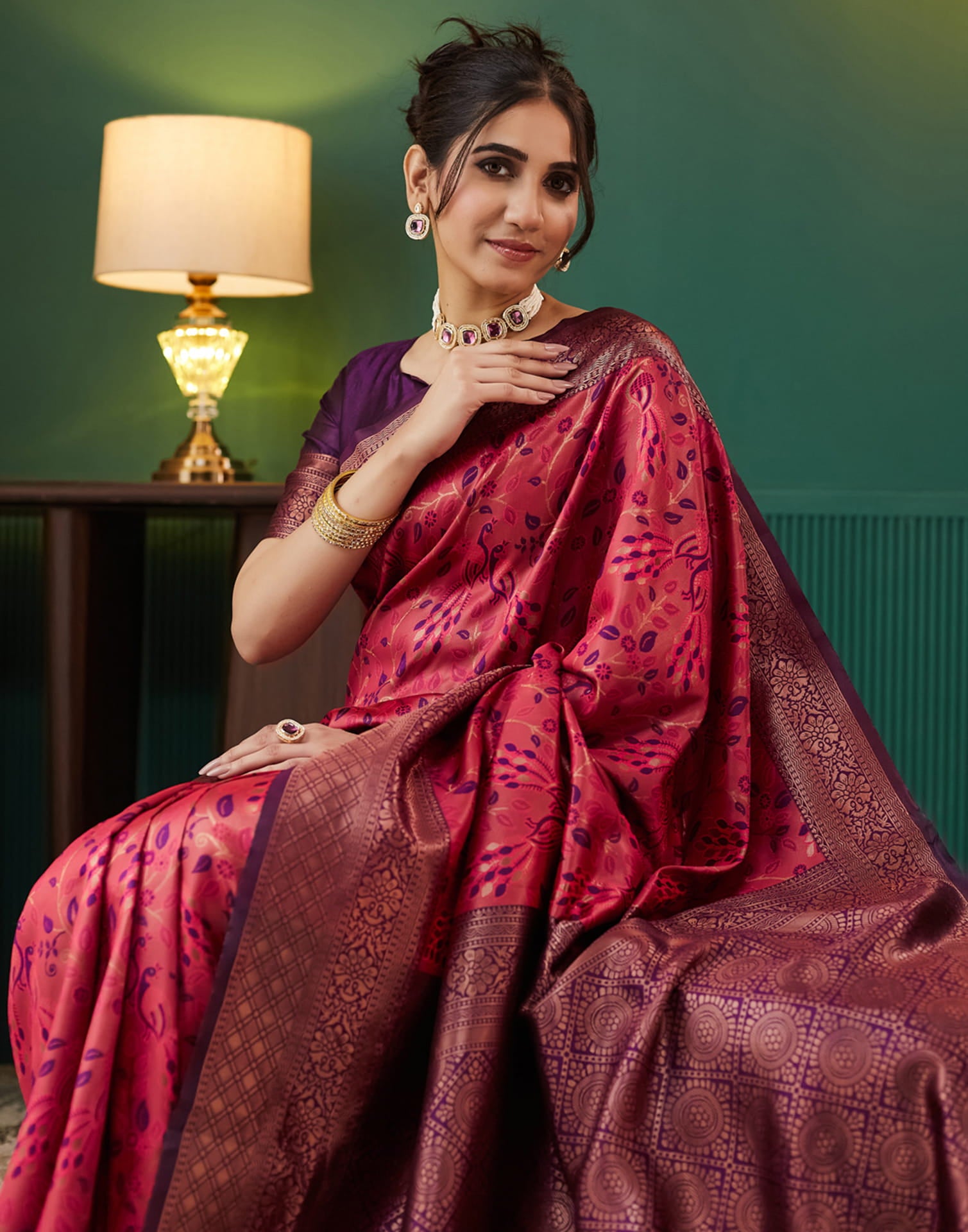 Red Silk Blend Woven Saree