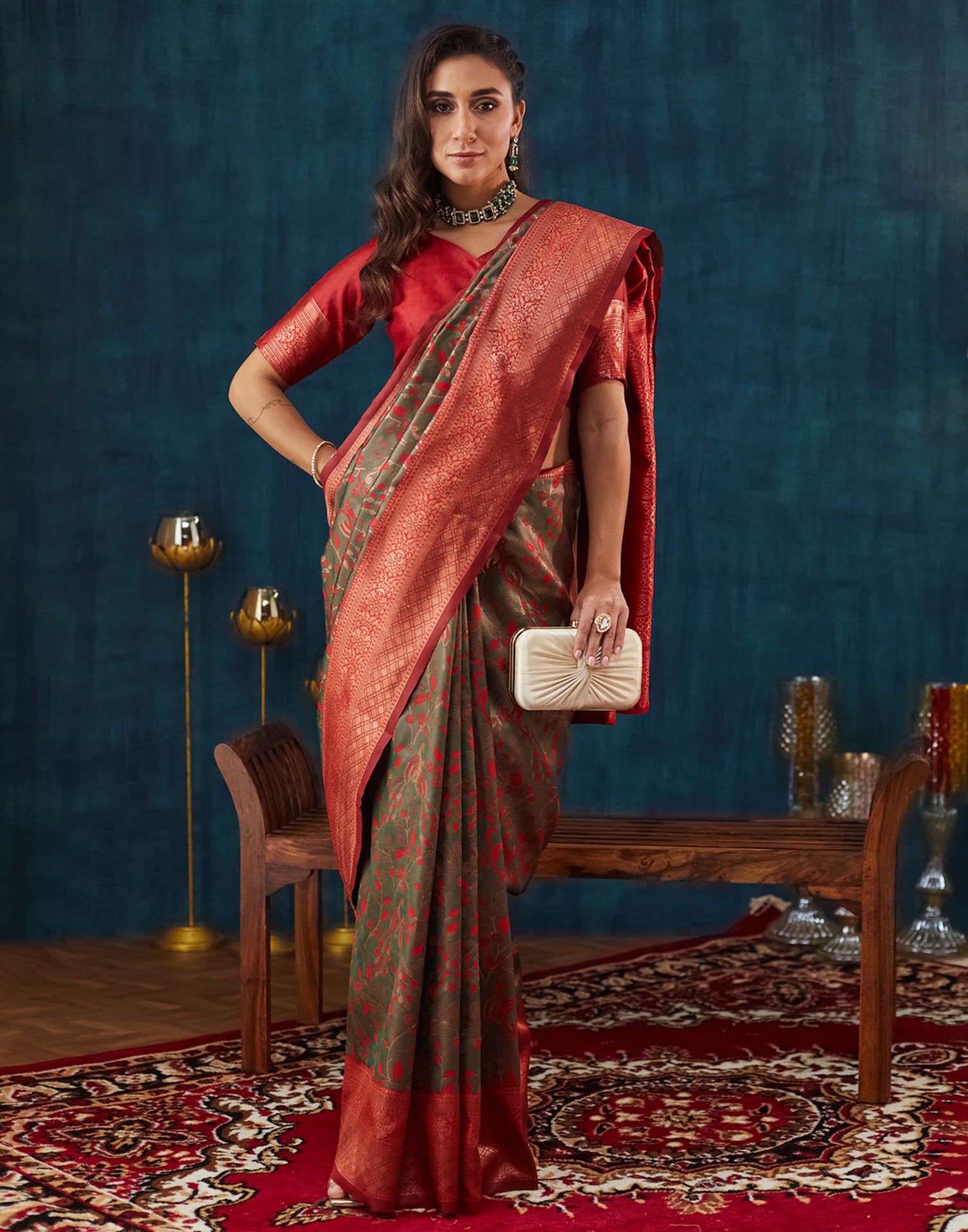 Green Silk Blend Woven Saree