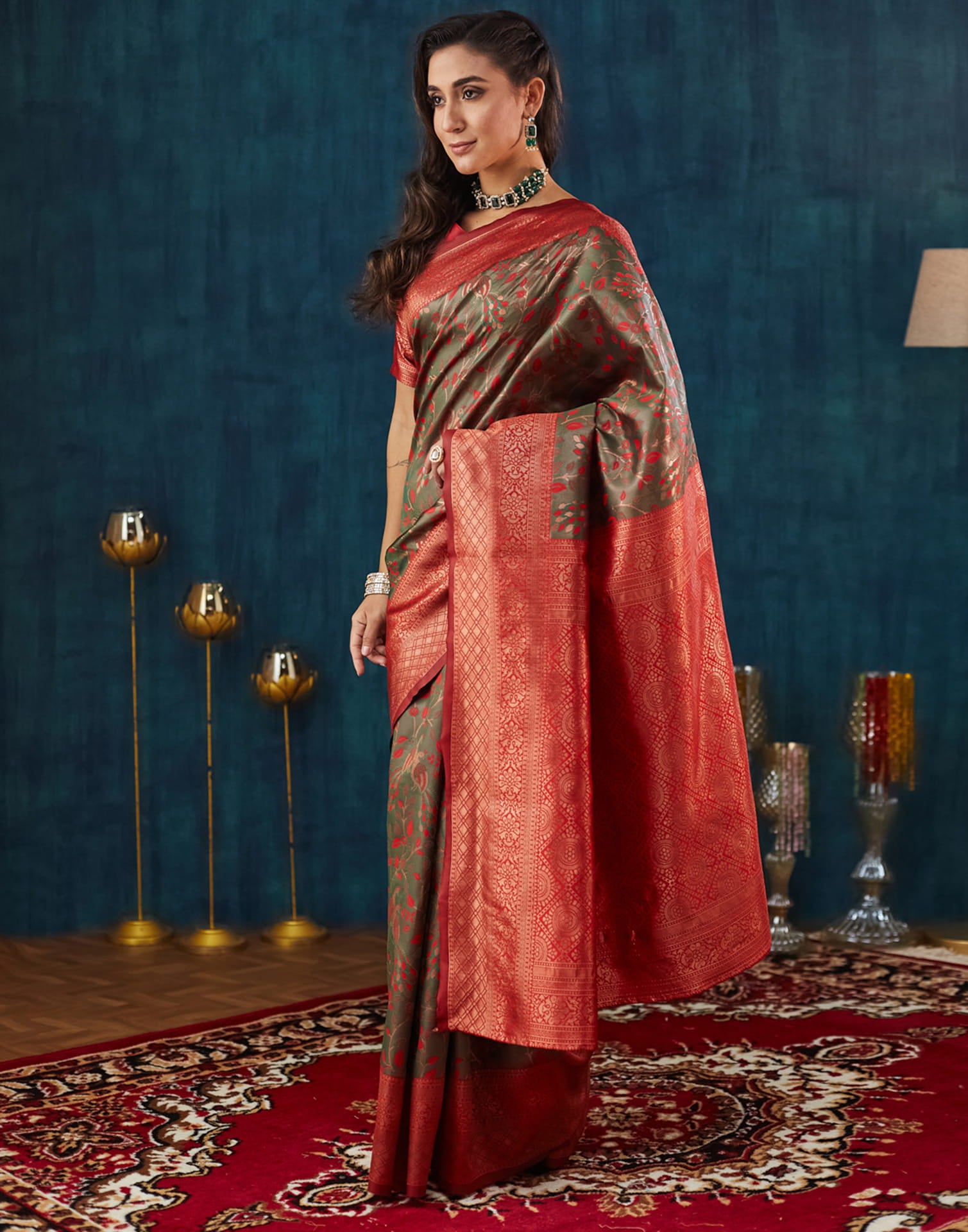 Green Silk Blend Woven Saree