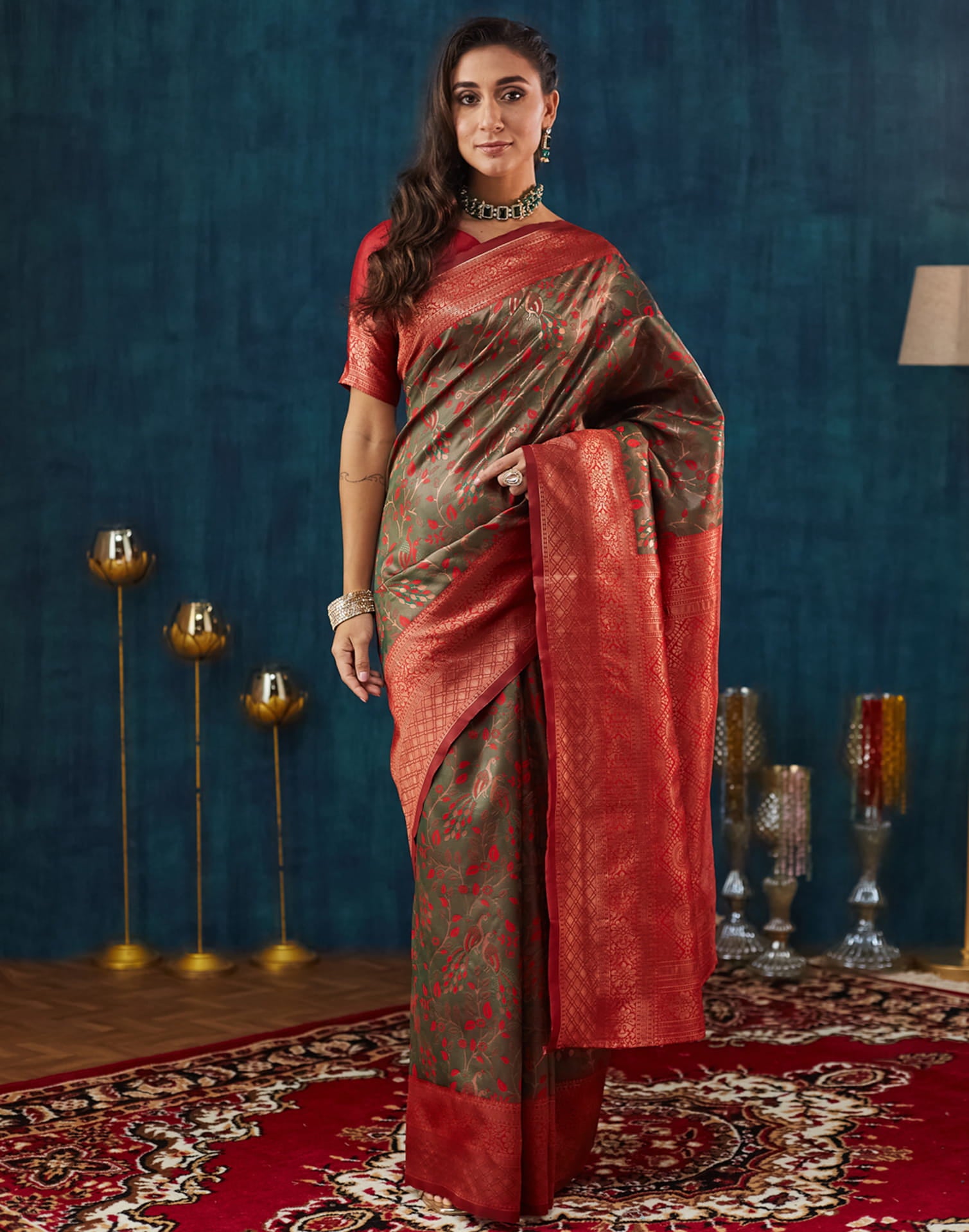 Green Silk Blend Woven Saree
