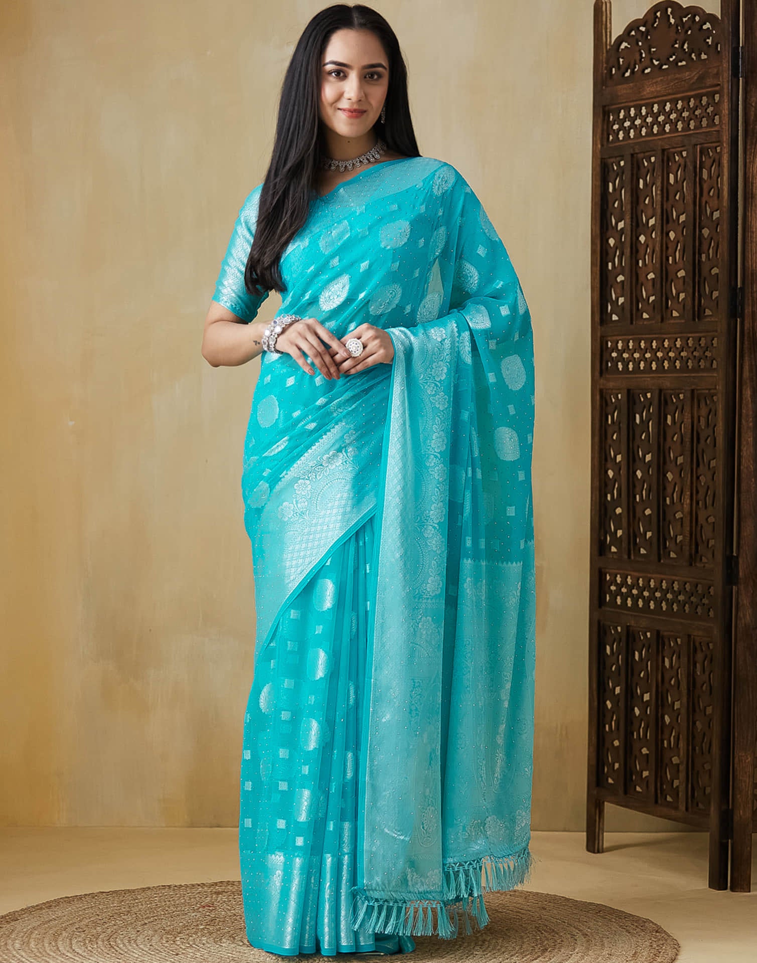 Blue Georgette Woven Saree