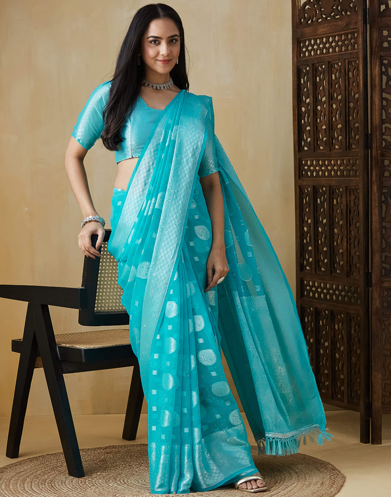 Blue Georgette Woven Saree
